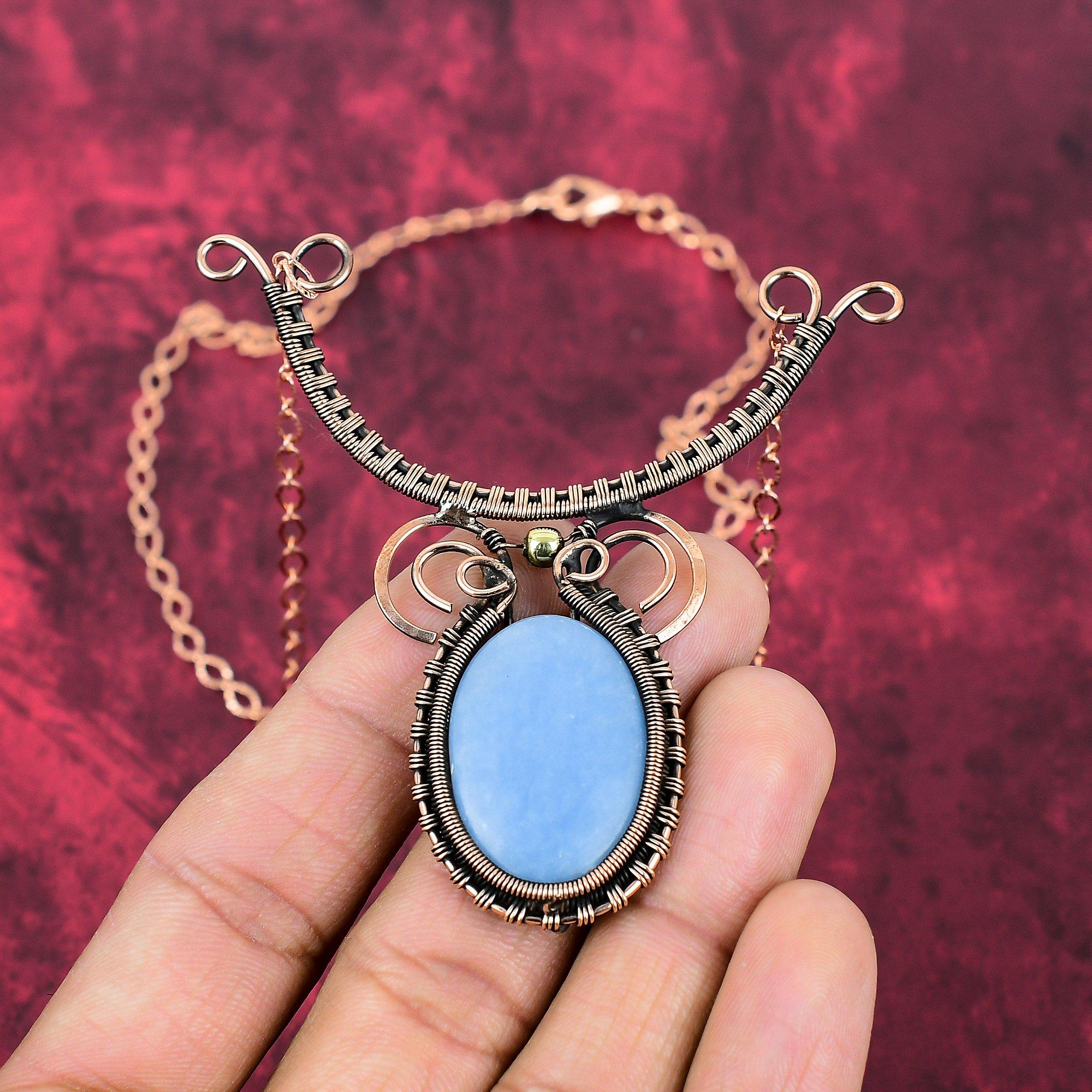 Angelit Halskette Kupferdraht umwickelt Edelstein Halskette Verstellbare Kette Halskette Angelit Schmuck Handgefertigte Halskette Kupfer Schmuck Für Geschenk