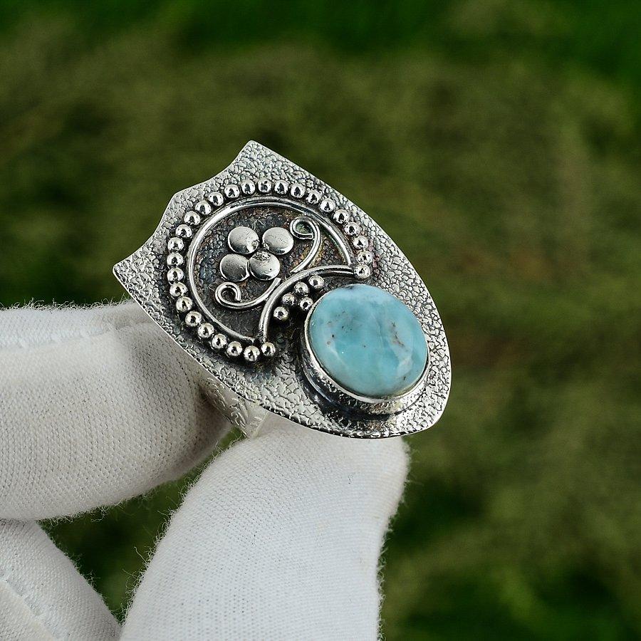 Mothers day Sale 925 Silver Throat Chakra Natural Larimar Promise Ring Jewelry