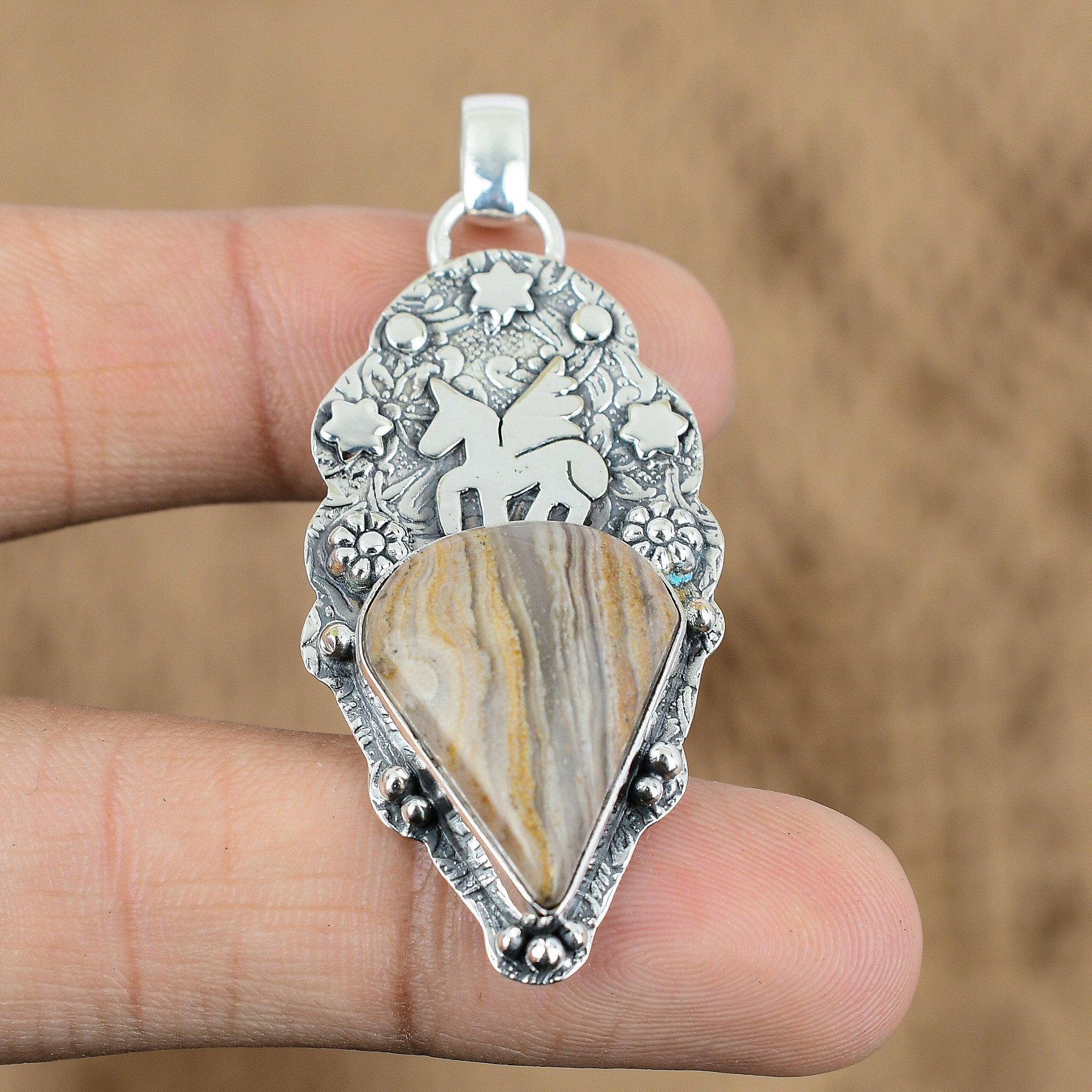Birthday Gift For Her Natural Crazy Lace Agate Pendant Unicorn 925 Silver