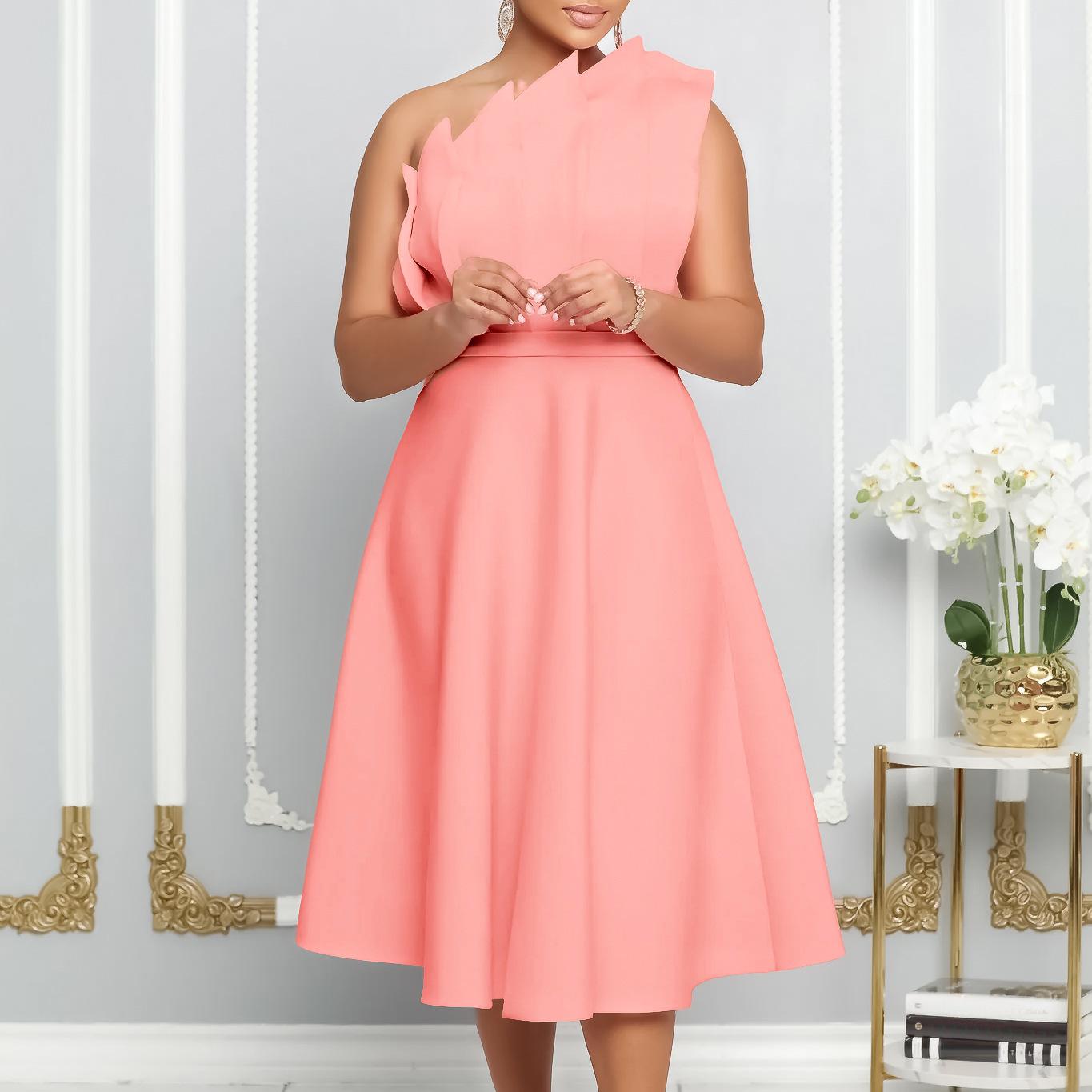 Summer Women's Dress Plus Size Sexy Slant Neck Stereoscopic Wrinkle High Waist Banquet Dress Party Dresses