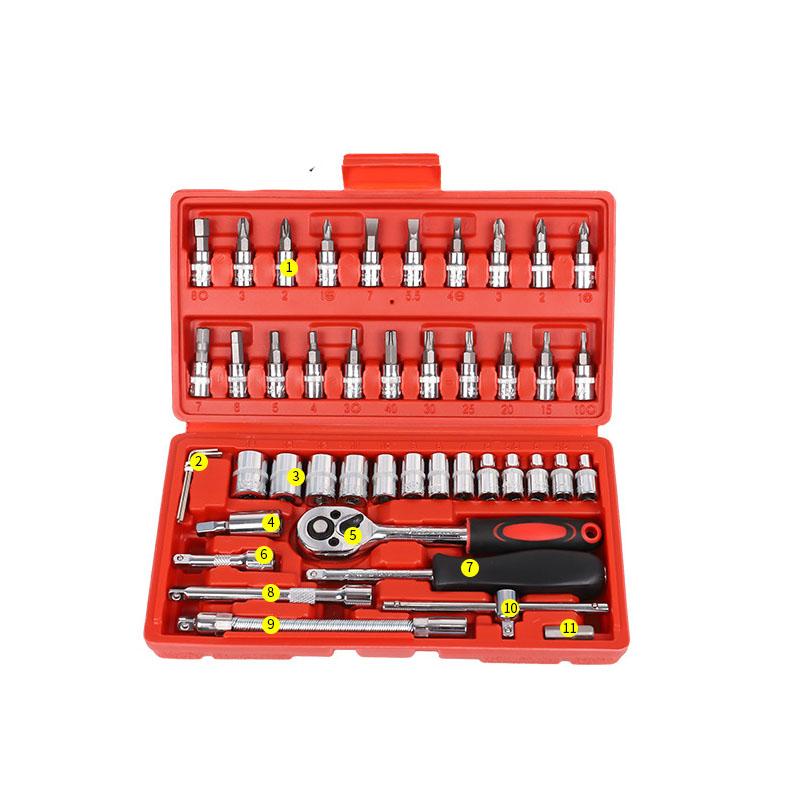 46 PCS/Set Outils d'entretien automobile Jeu de clés à douille à cliquet Outils Tournevis à cliquet Combinaison Boîte à outils