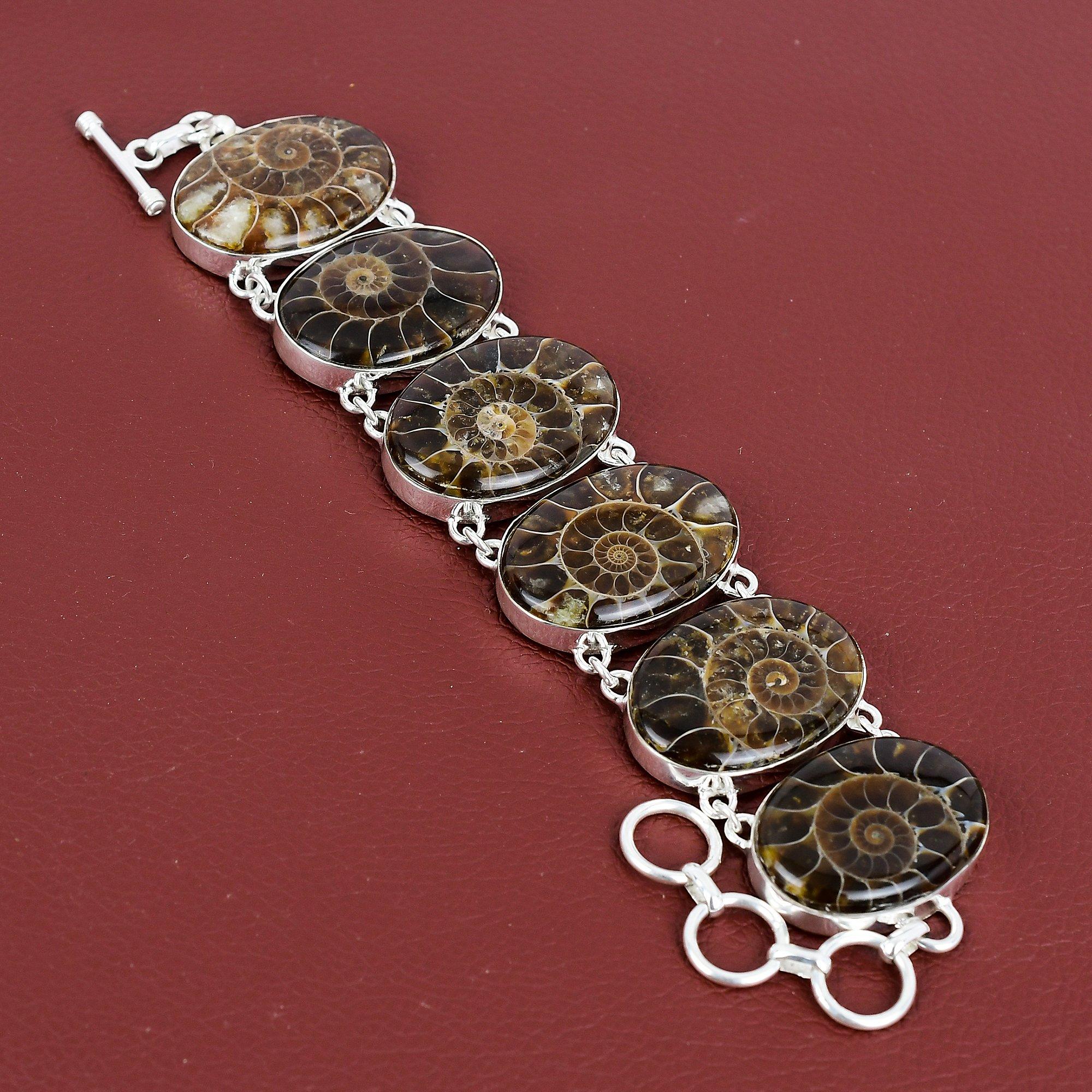 Ammonite Fossil Bracelet Natural Gemstone Jewelry 925 Sterling Silver Bracelet Handmade Boho Jewelry Adjustable Chain Bracelet Gifts For Her