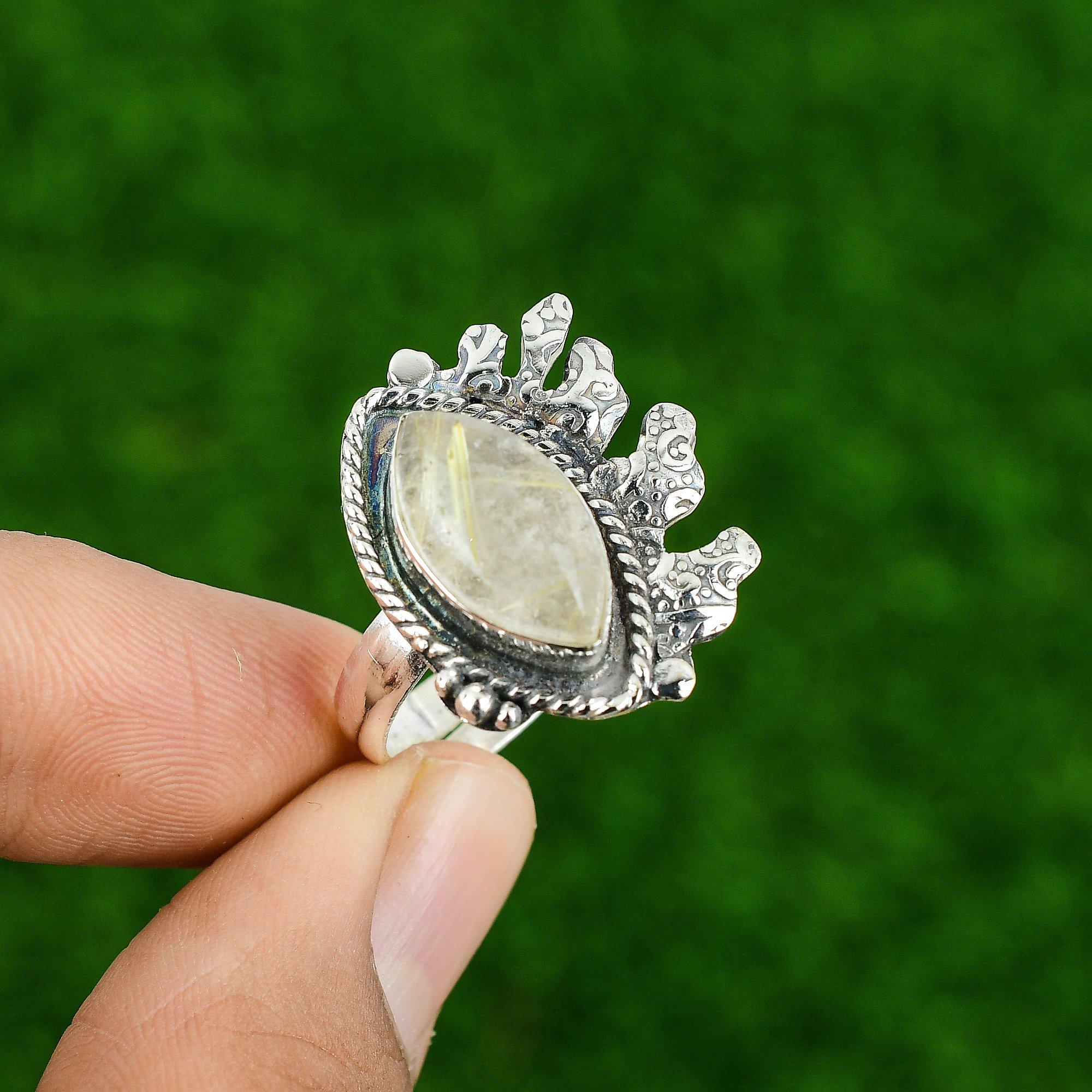 Gift For Women Statement Adjustable Ring 925 Silver Natural Golden Rutile
