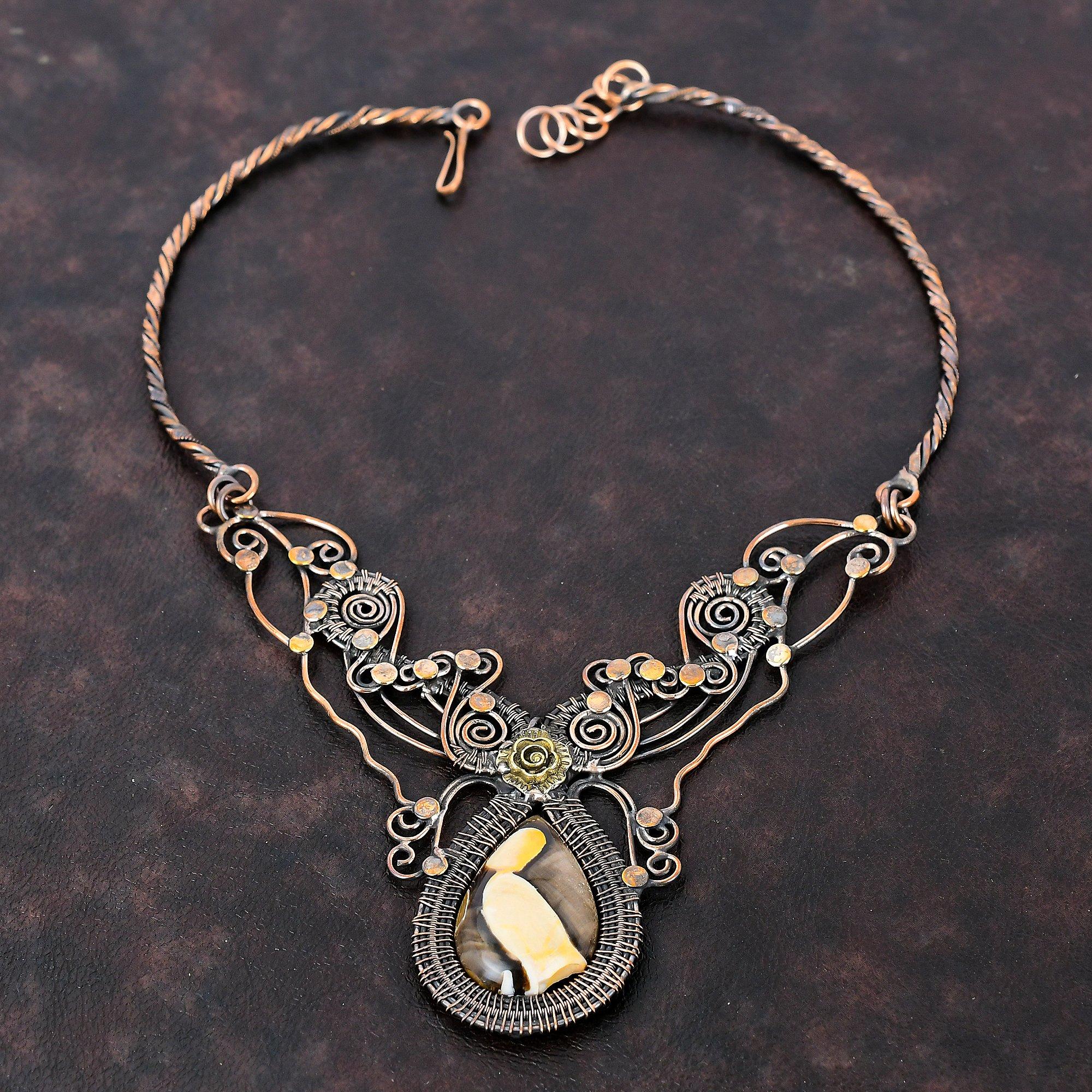 Peanut Wood Jasper Necklace Copper Wire Wrapped Gemstone Necklace Adjustable Necklace Copper Jewelry Handmade Necklace Wire Jewelry For Gift