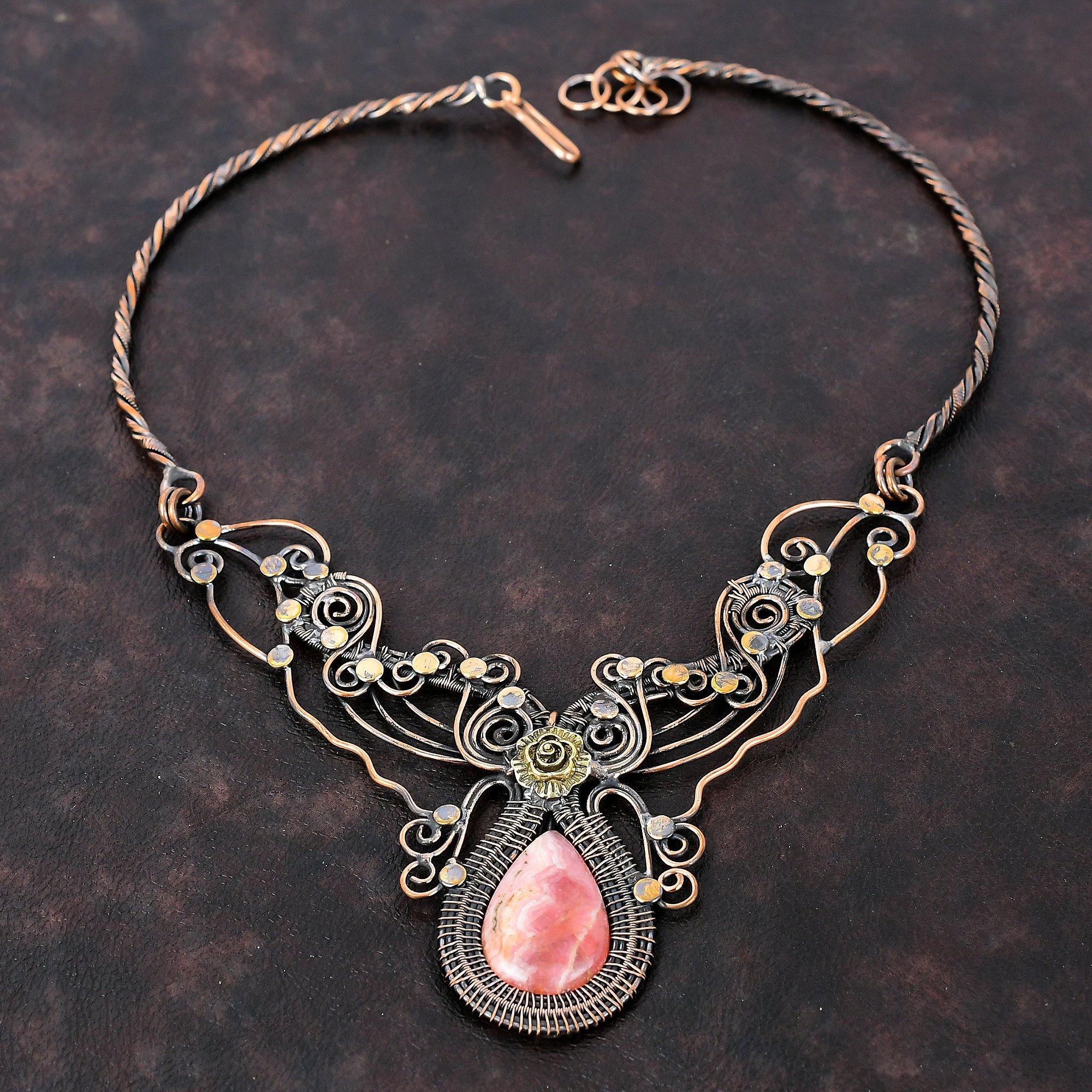 Rhodochrosite Necklace Copper Wire Wrapped Adjustable Necklace Gemstone Copper Jewelry Handmade Necklace Rhodochrosite Jewelry Gift For Mom