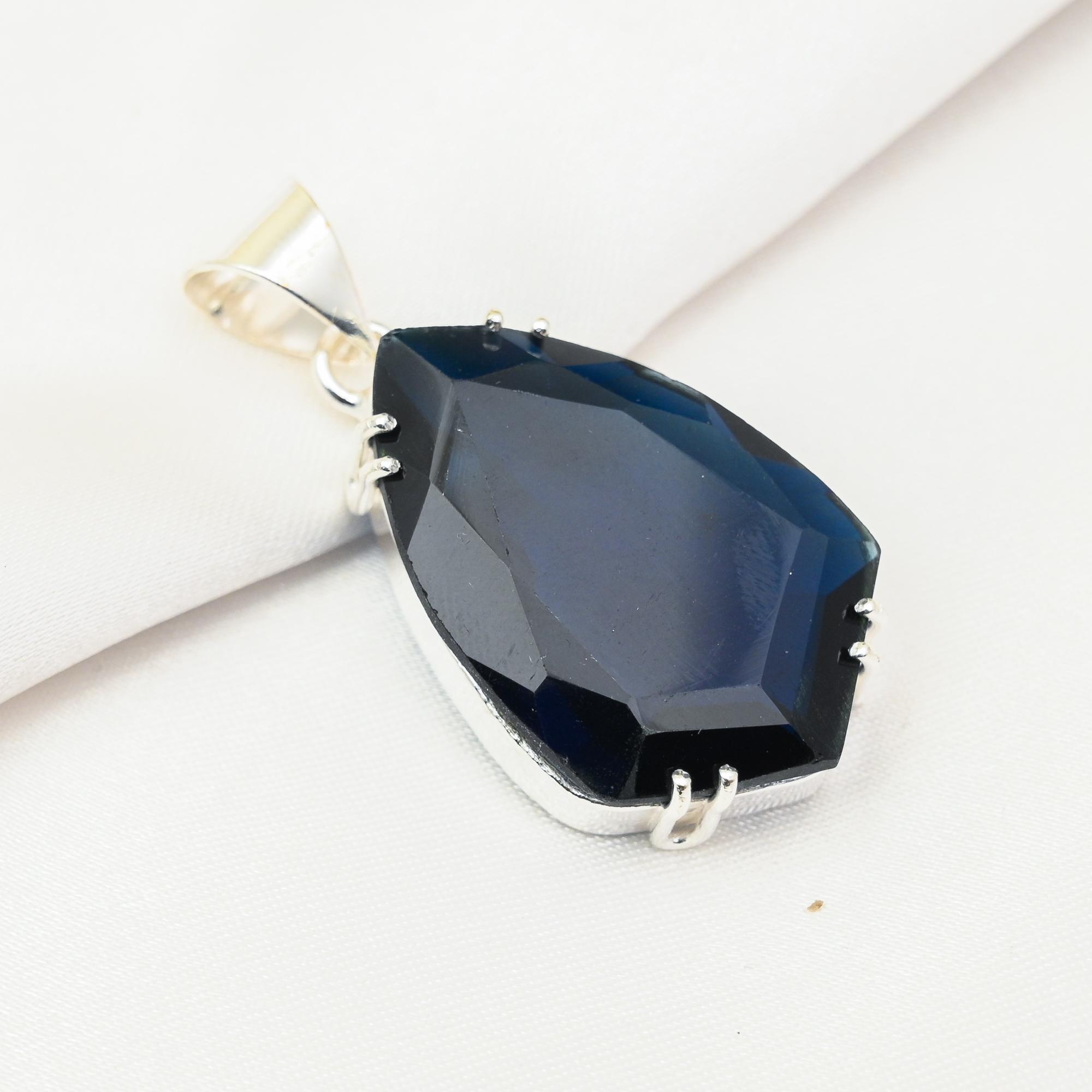 Blue Sapphire Pendant, Handmade Gemstone Pendant, 925 Solid Sterling Silver Pendant Antique Jewelry, For Engagement Gift