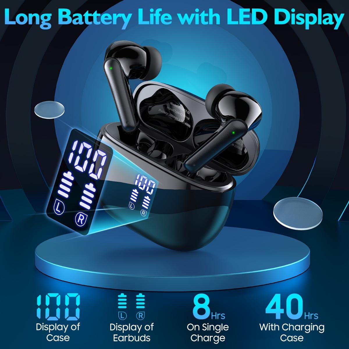 Fones de ouvido sem fio com controle de toque, microfone com cancelamento de ruído integrado, estojo de carregamento tipo C, 15 horas de reprodução, 2 horas de carregamento rápido