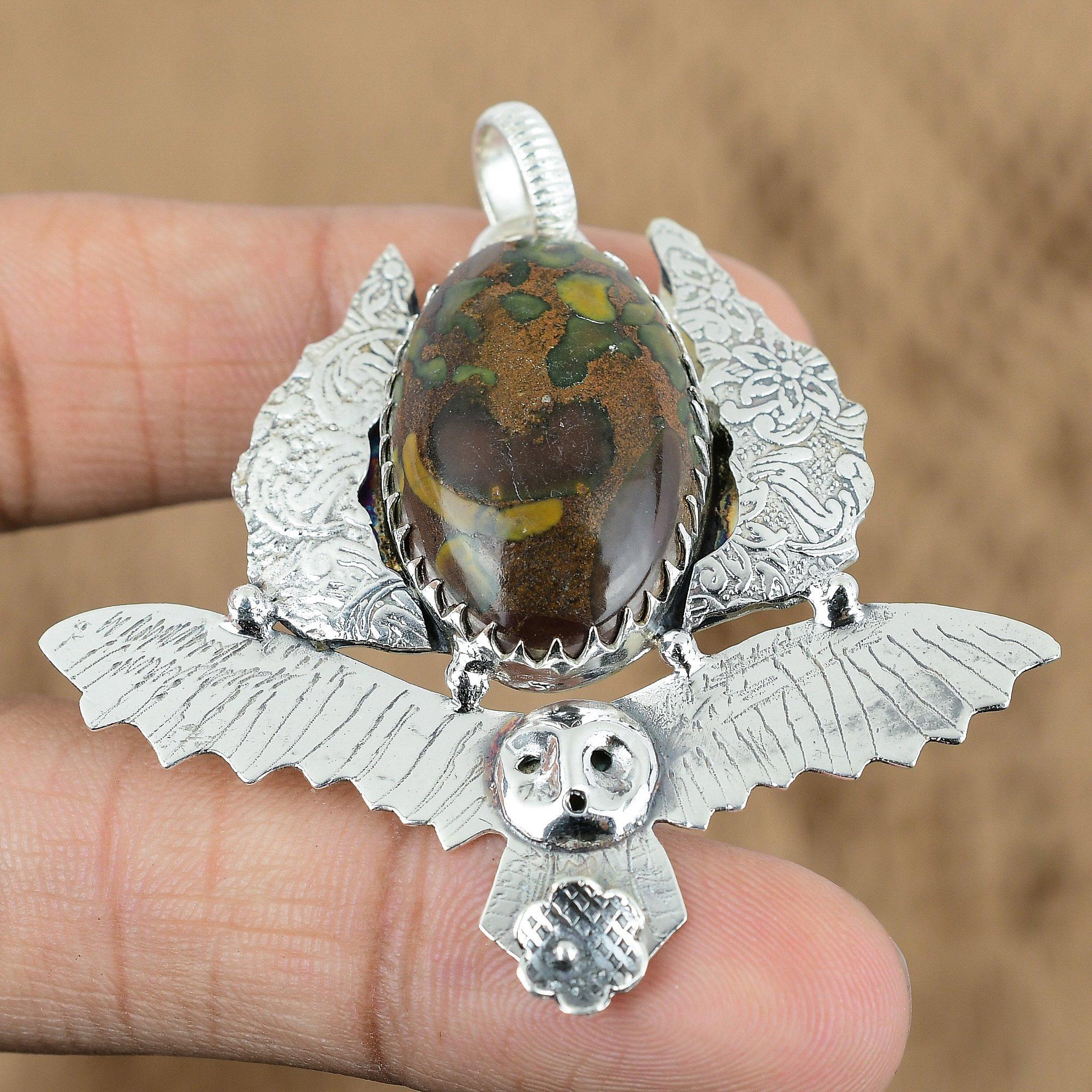 Natural Rhyolite Gemstone Pendant Owl 925 Sterling Silver Indian Jewelry