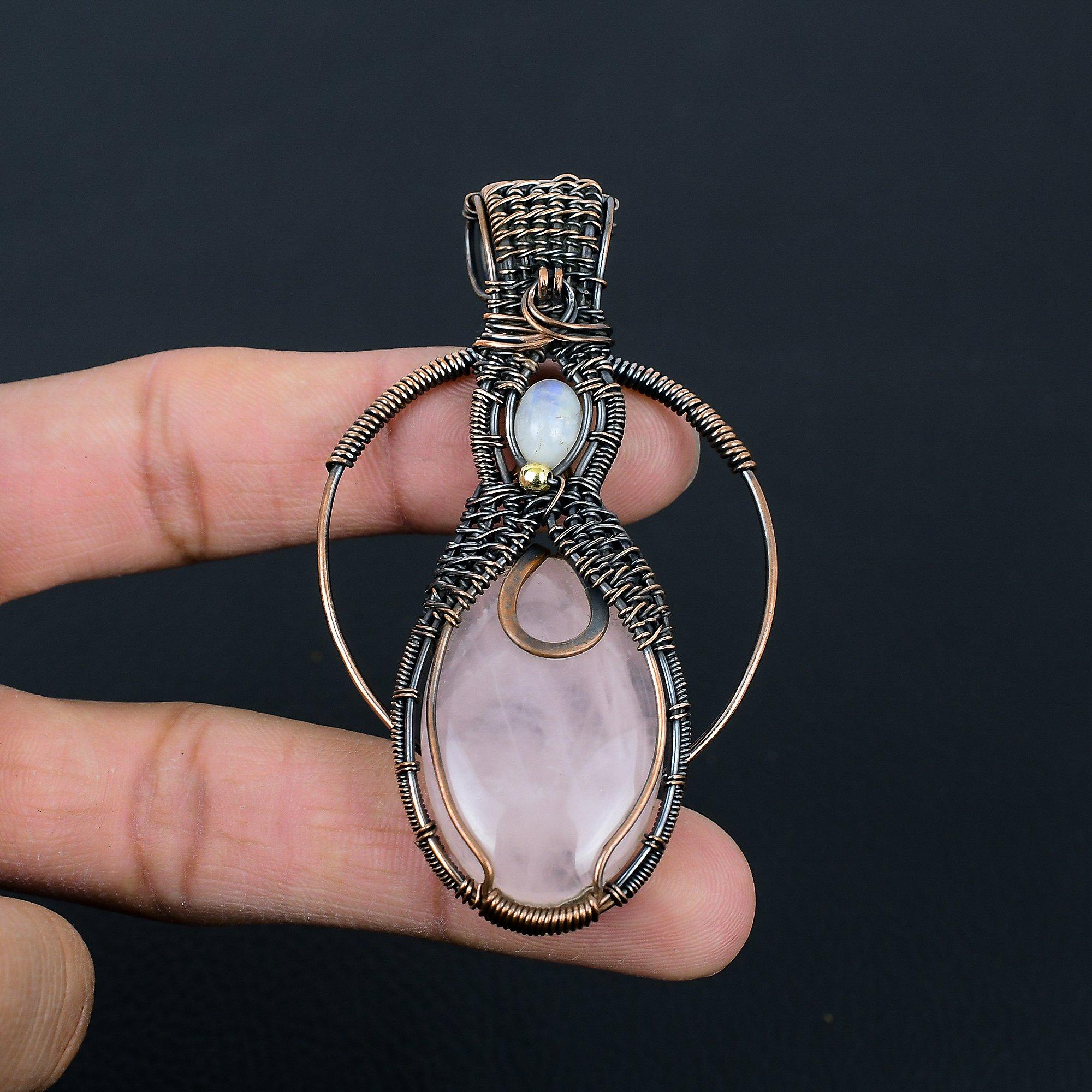 Rose Quartz & Moonstone Gemstone Handmade Copper Wire Wrap Attractive Jewelry Pendant For Her
