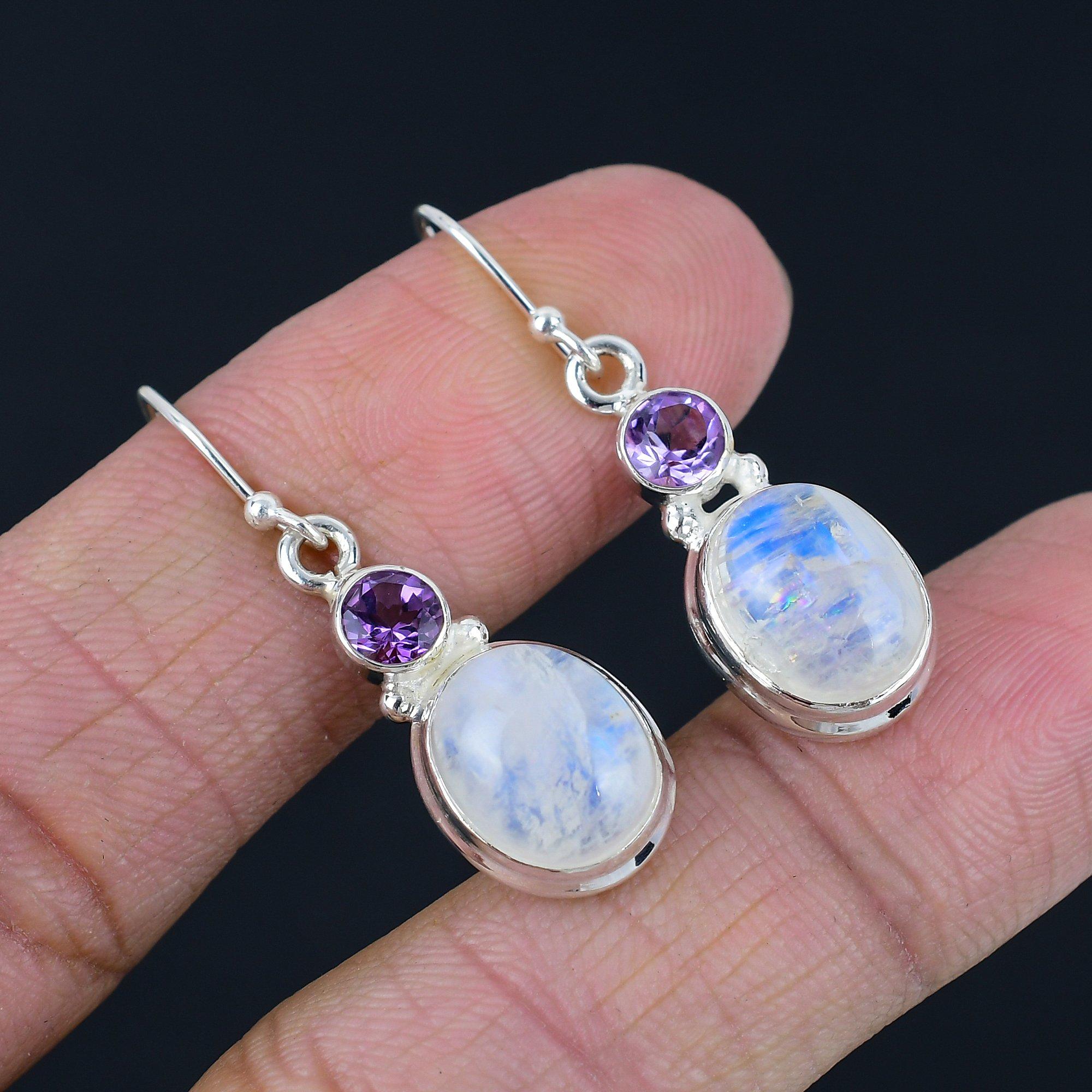 Natürlicher Regenbogen-Mondstein mit winzigen Amethyst-Edelstein-Ohrringen, massives 925er-Sterlingsilber, handgefertigte Tropfen-Ohrringe, Schmuck, Geschenk für Frauen und Mädchen