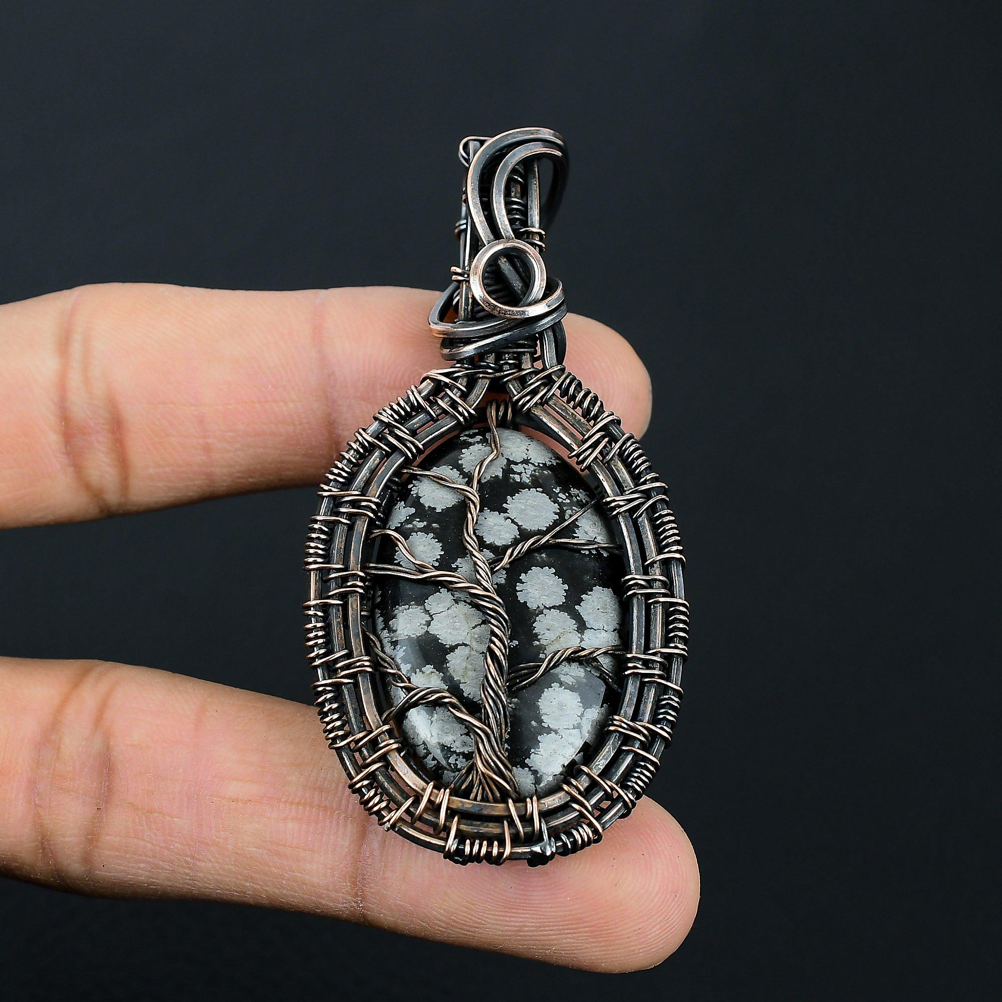 Tree Of Life Snowflake Obsidian Handmade Pure Copper Wire Wrap Amazing Jewelry Pendant
