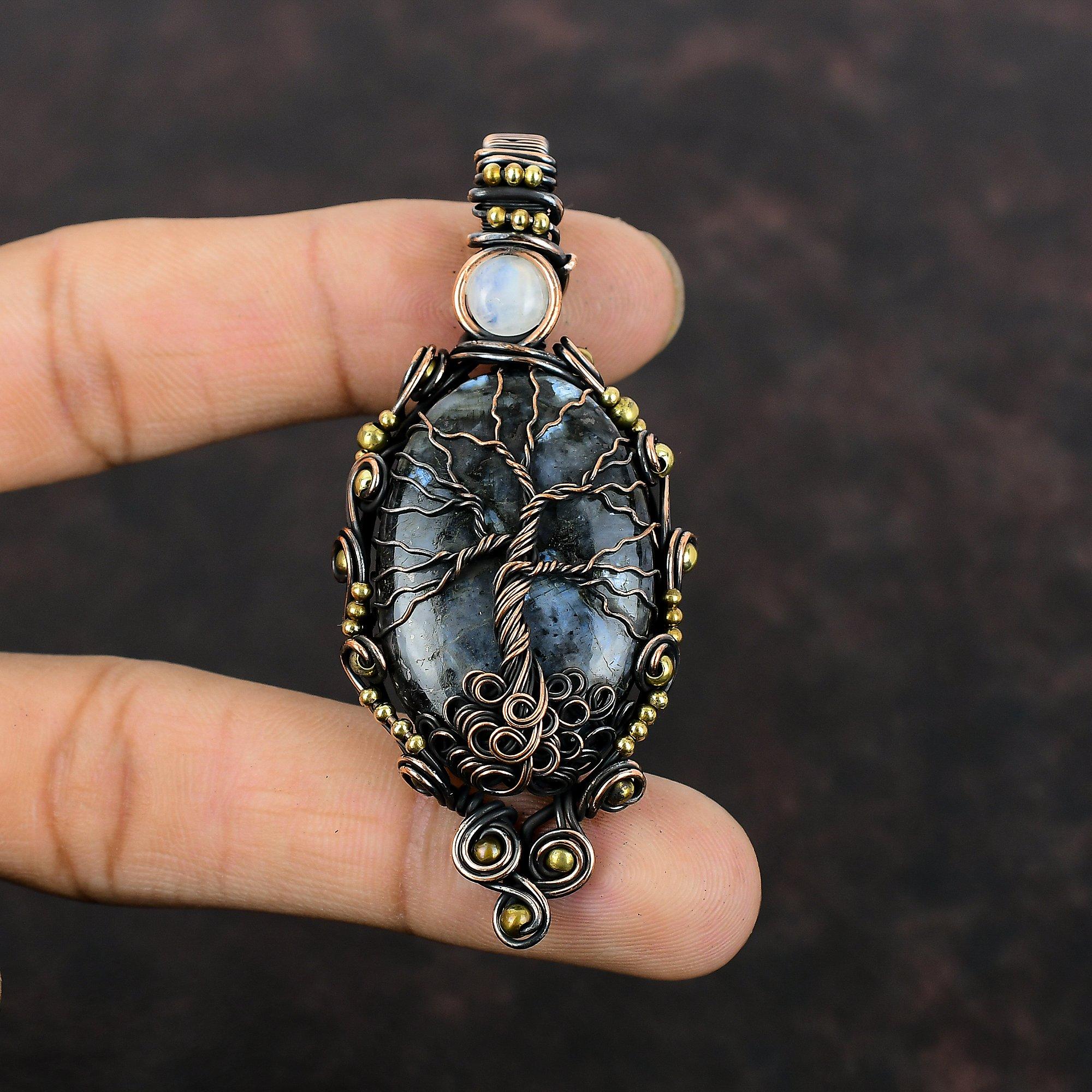 Tree Of Life Larvikite Pendant Copper Wire Wrapped Pendant Rainbow Moonstone Pendant Handmade Gemstone Jewelry Gift For Her Copper Jewelry