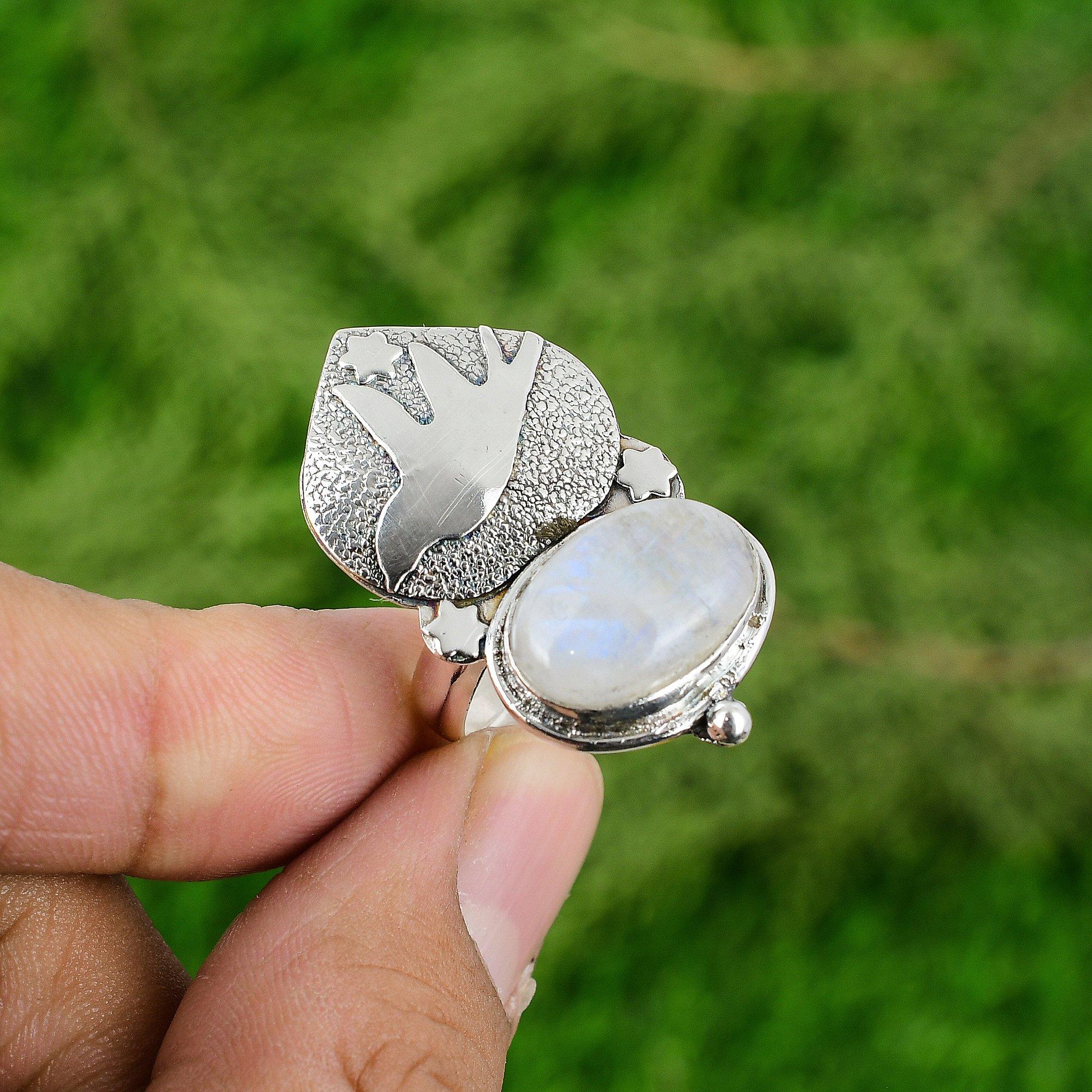 Natural Rainbow Moonstone 925 Silver Solitaire Bird Adjustable Ring For Girls