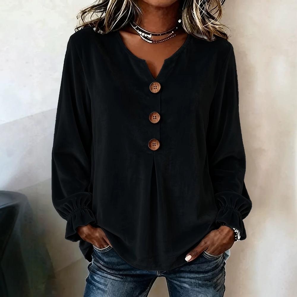 Fashion Velvet Long Sleeve Shirt, V Neck Button Down Blouse for Women