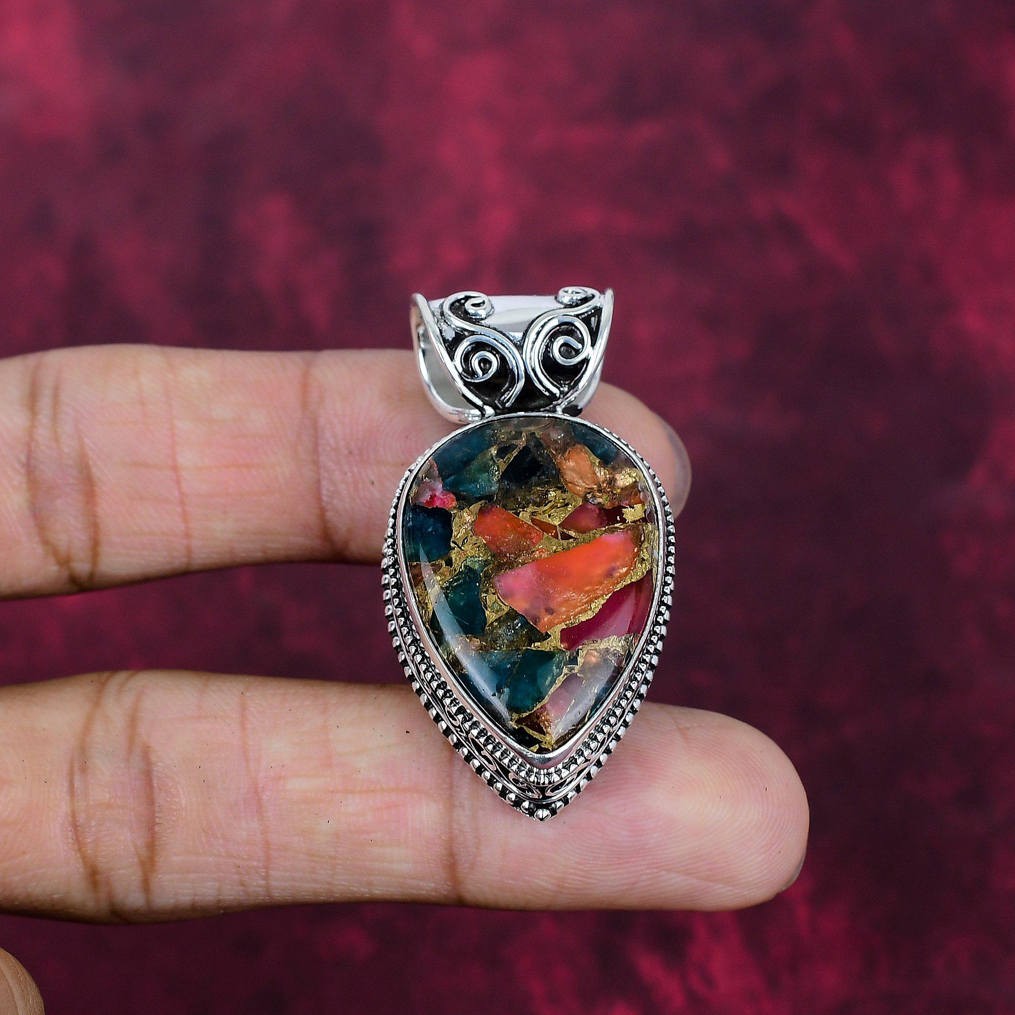 Multi Copper Turquoise Handmade Gemstone Pendant, 925 Solid Sterling Silver Pendant Beautiful Jewelry, Designer Pendant
