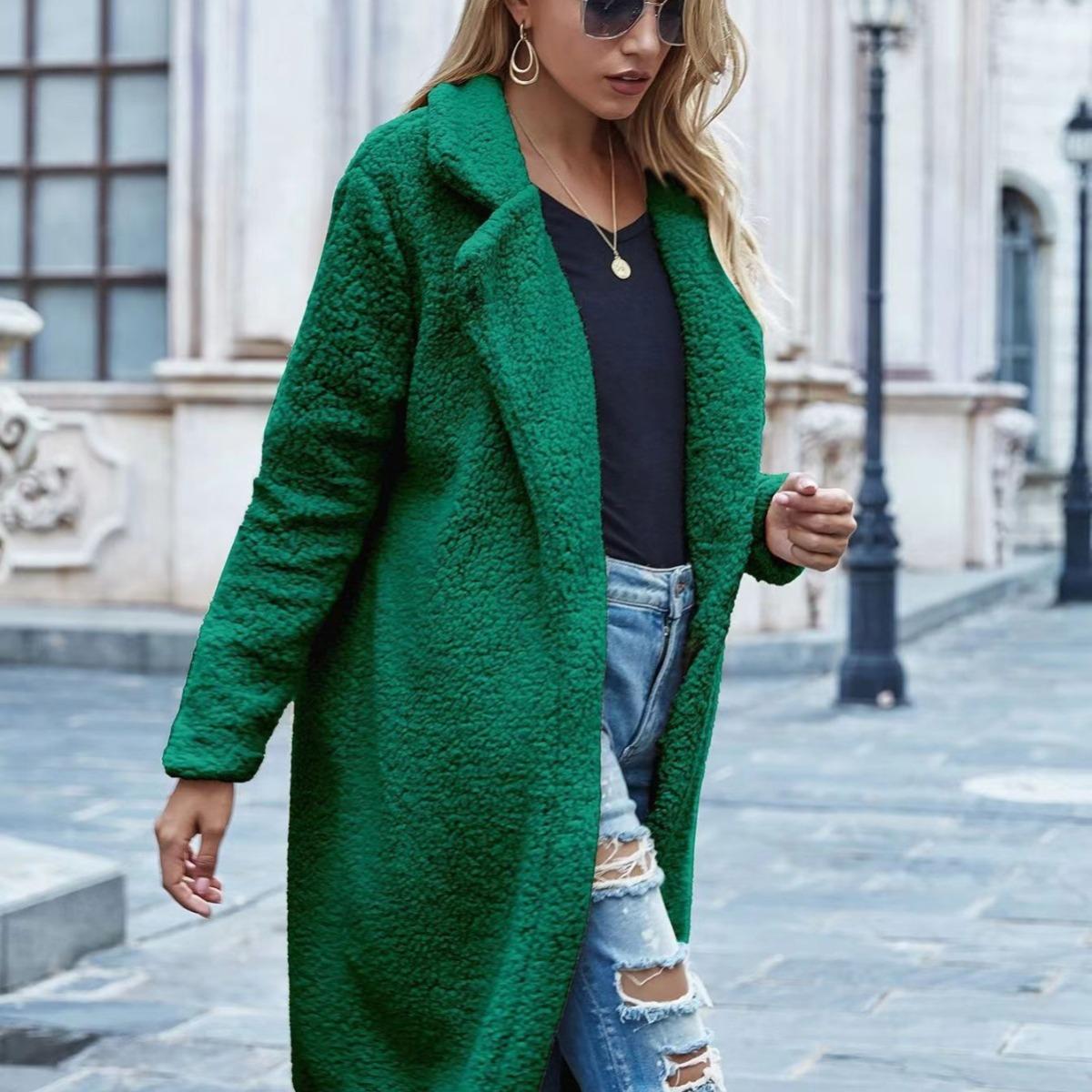 Ladies', Medium Length, Lapel, Woolen Jacket, Long Sleeved, Solid Color, Loose Fit, Casual Jacket