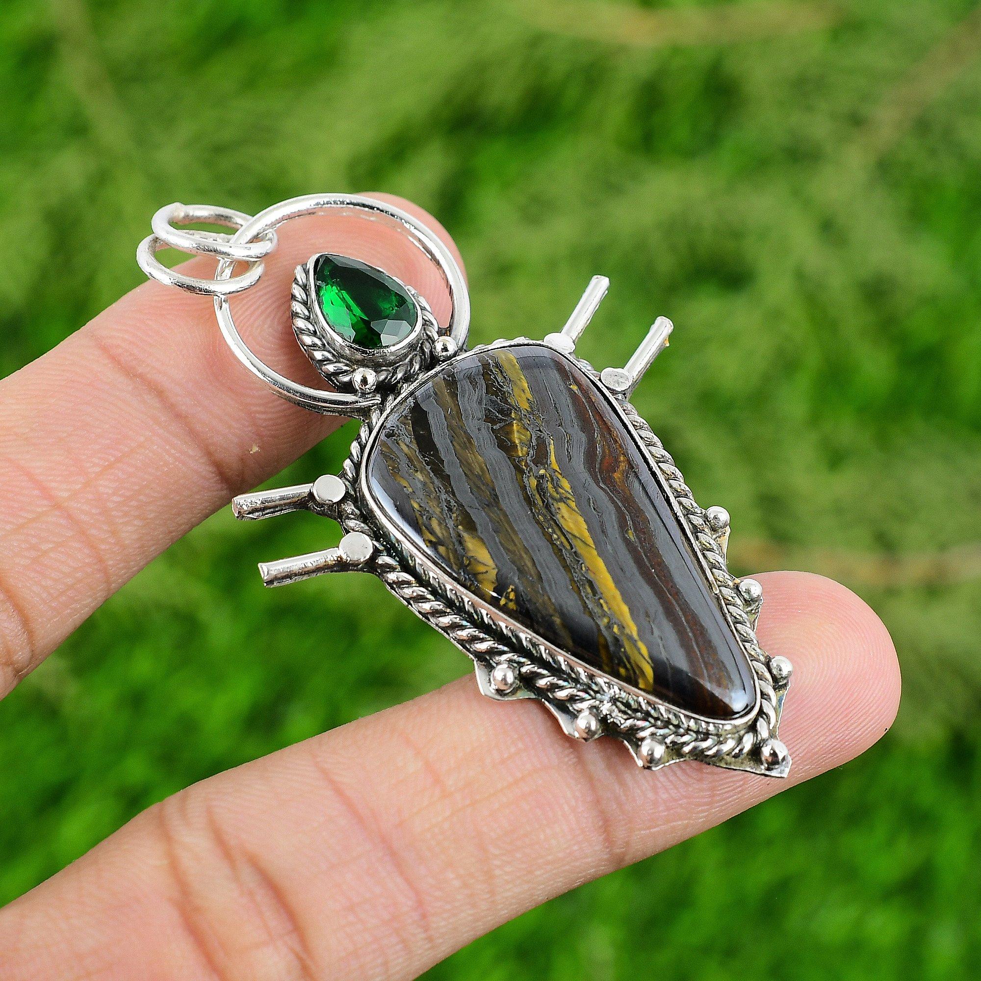 925 Sterling Silver Natural Iron Tiger Eye Chrome Diopside Bezel Wife Pendant