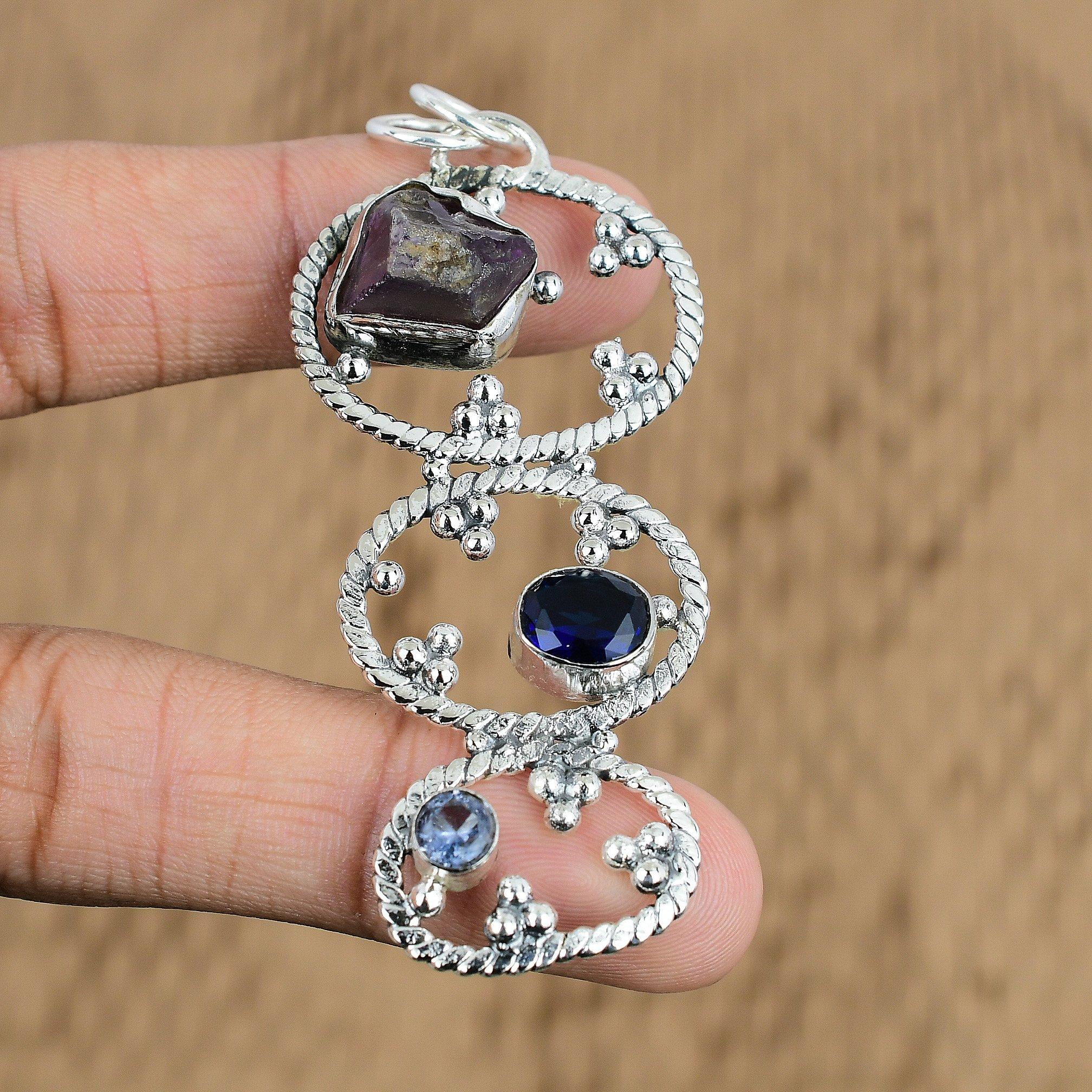 Natural African Amethyst Tanzanite Quartz Artisan Pendant 925 Sterling Silver