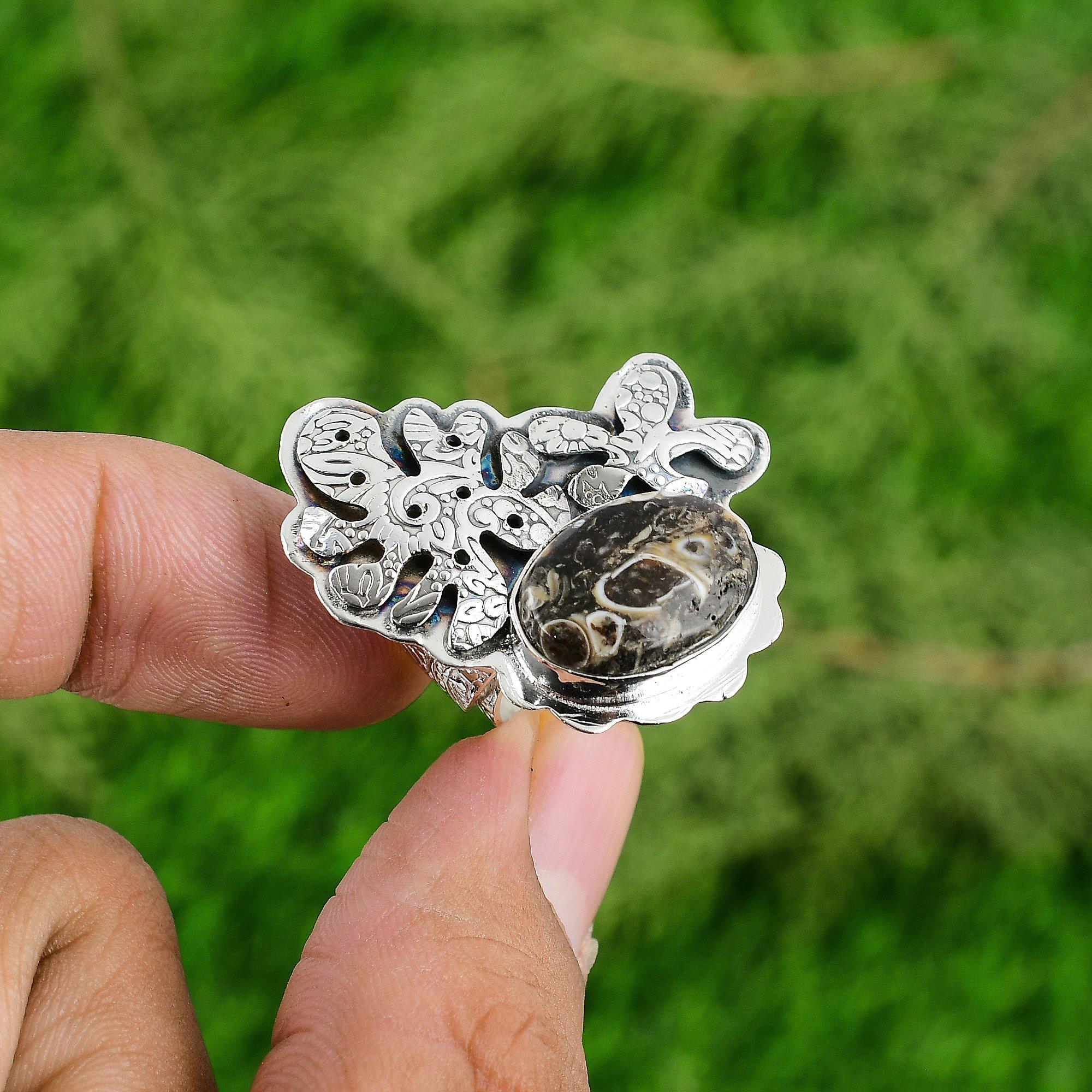 Gift For Her Natural Turritella Agate Solitaire Adjustable Ring 925 Silver
