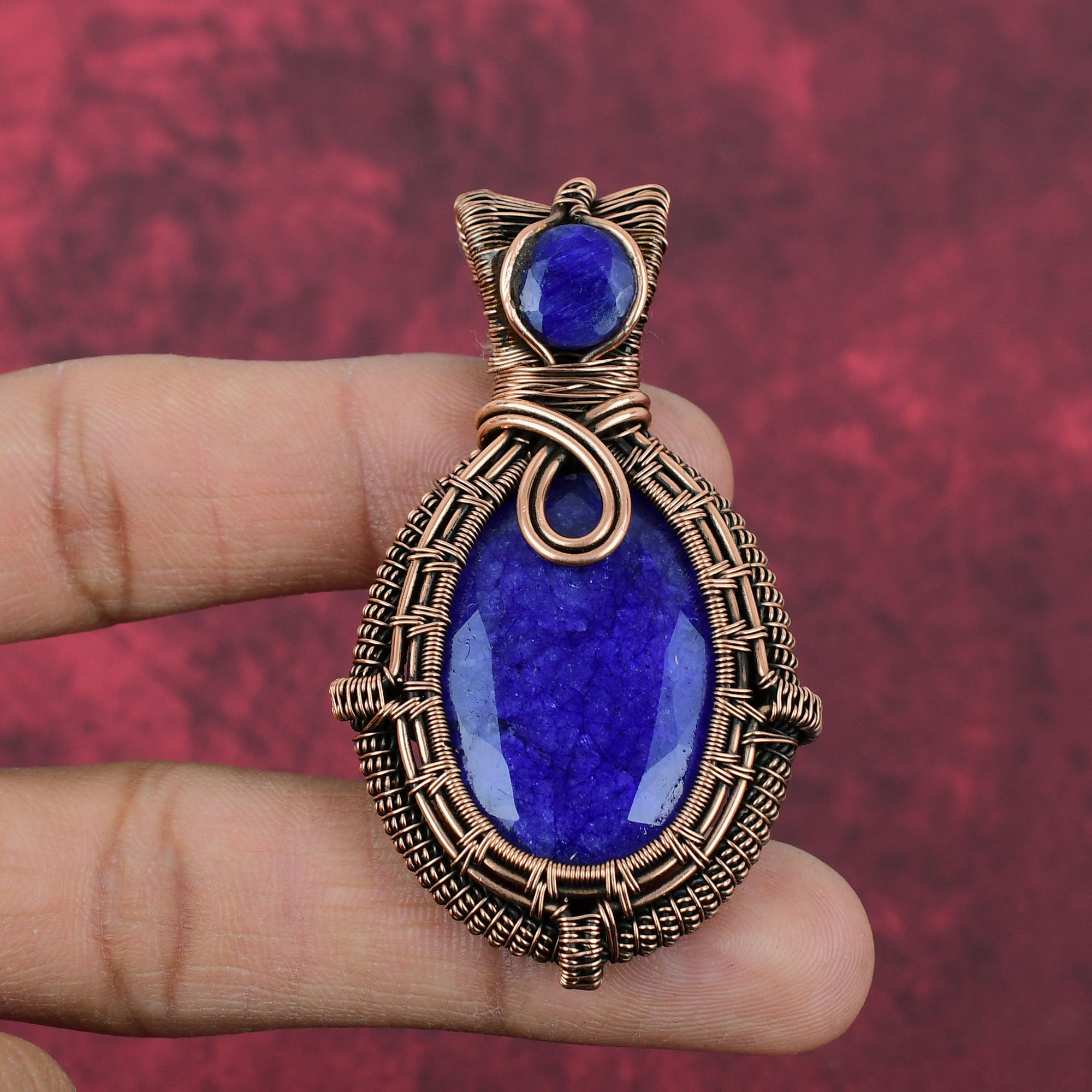Faceted Blue Sapphire Pendant Copper Wire Wrapped Pendant Gemstone Pendant Wonderful Copper Jewelry Handmade Designer Pendant Wedding Gifts