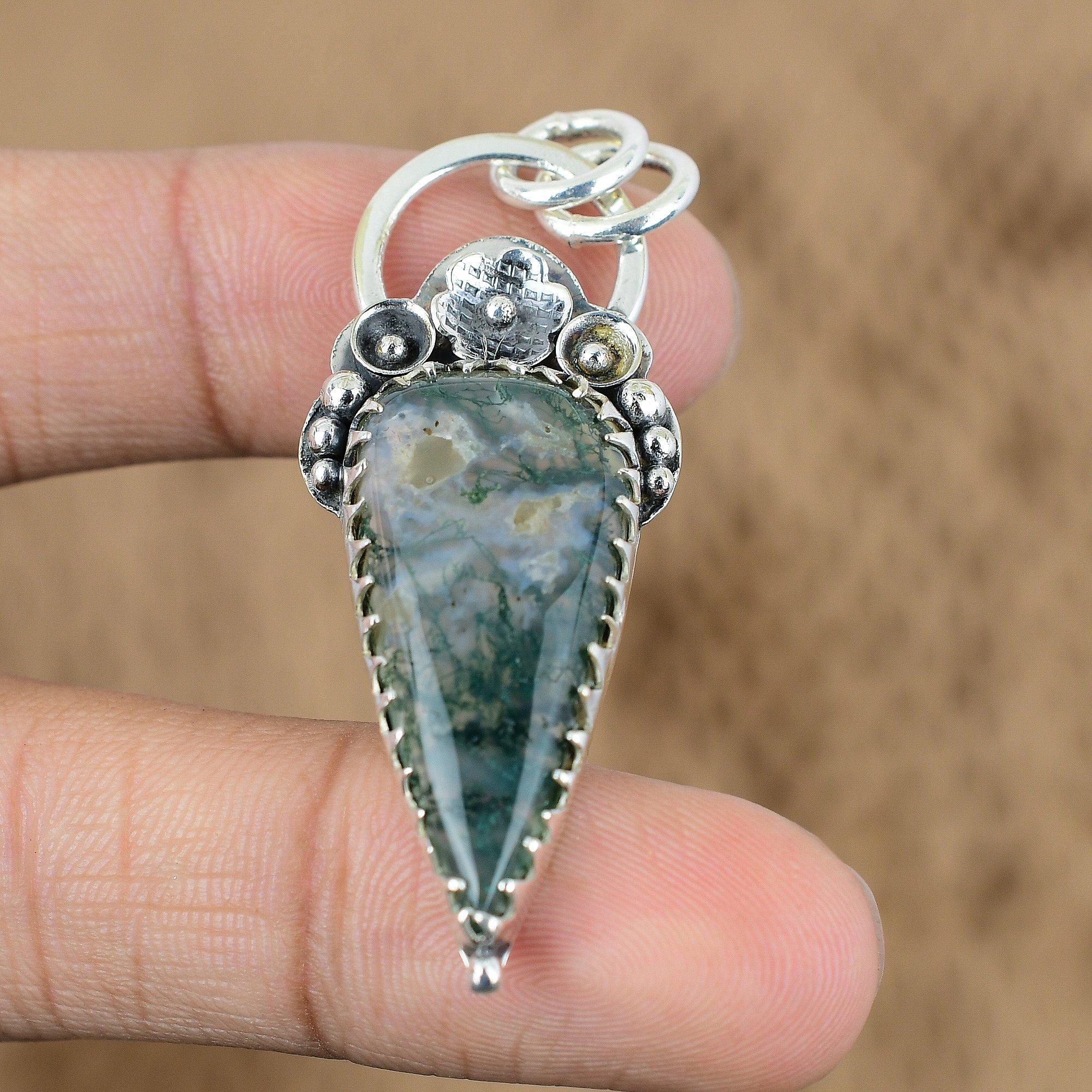 Memorial Day Sale Natural Solar Moss Agate No Stone Flower Pendant 925 Silver