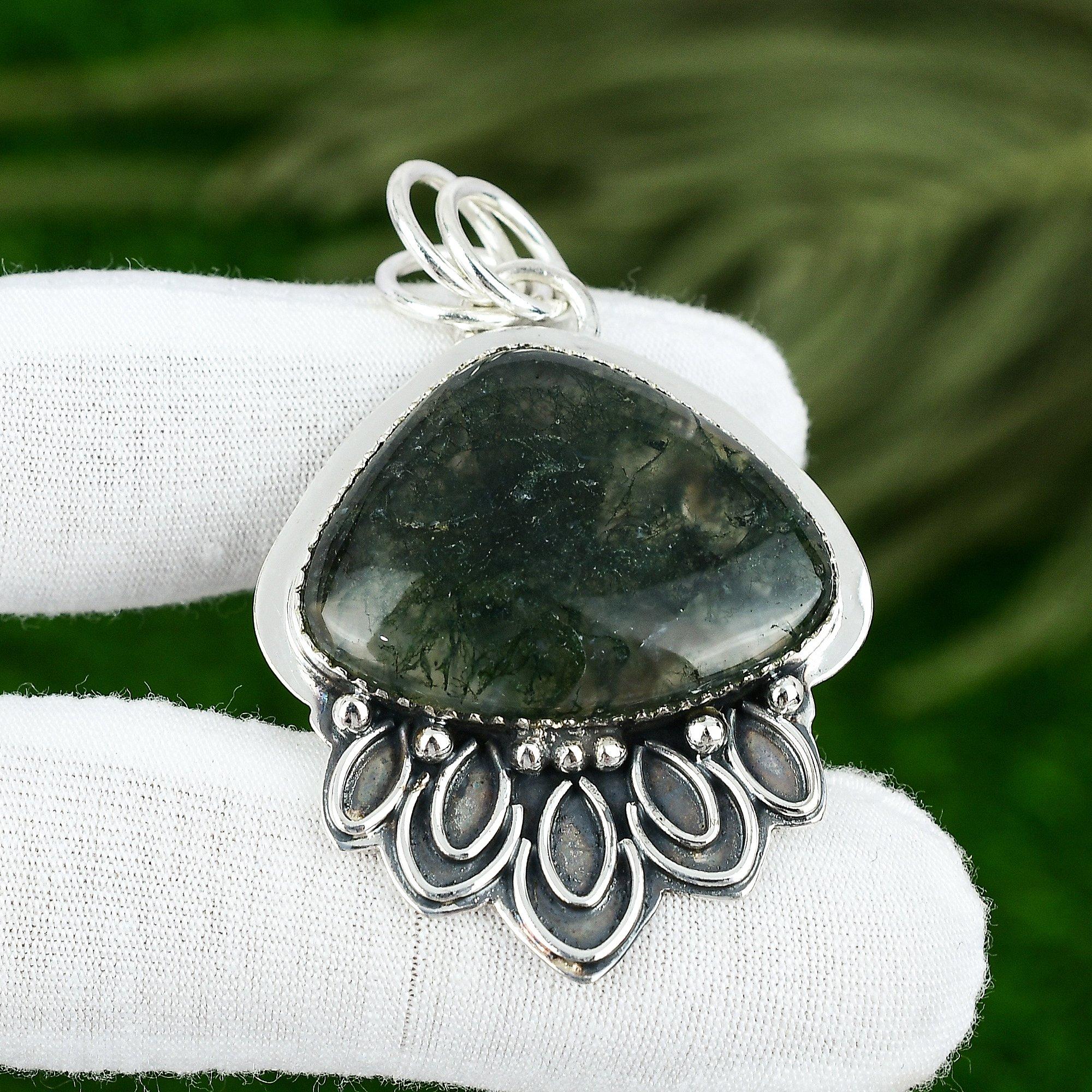 925 Silver Trillion Solar Moss Agate Gemstone Daughter Bezel New Pendant Jewelry