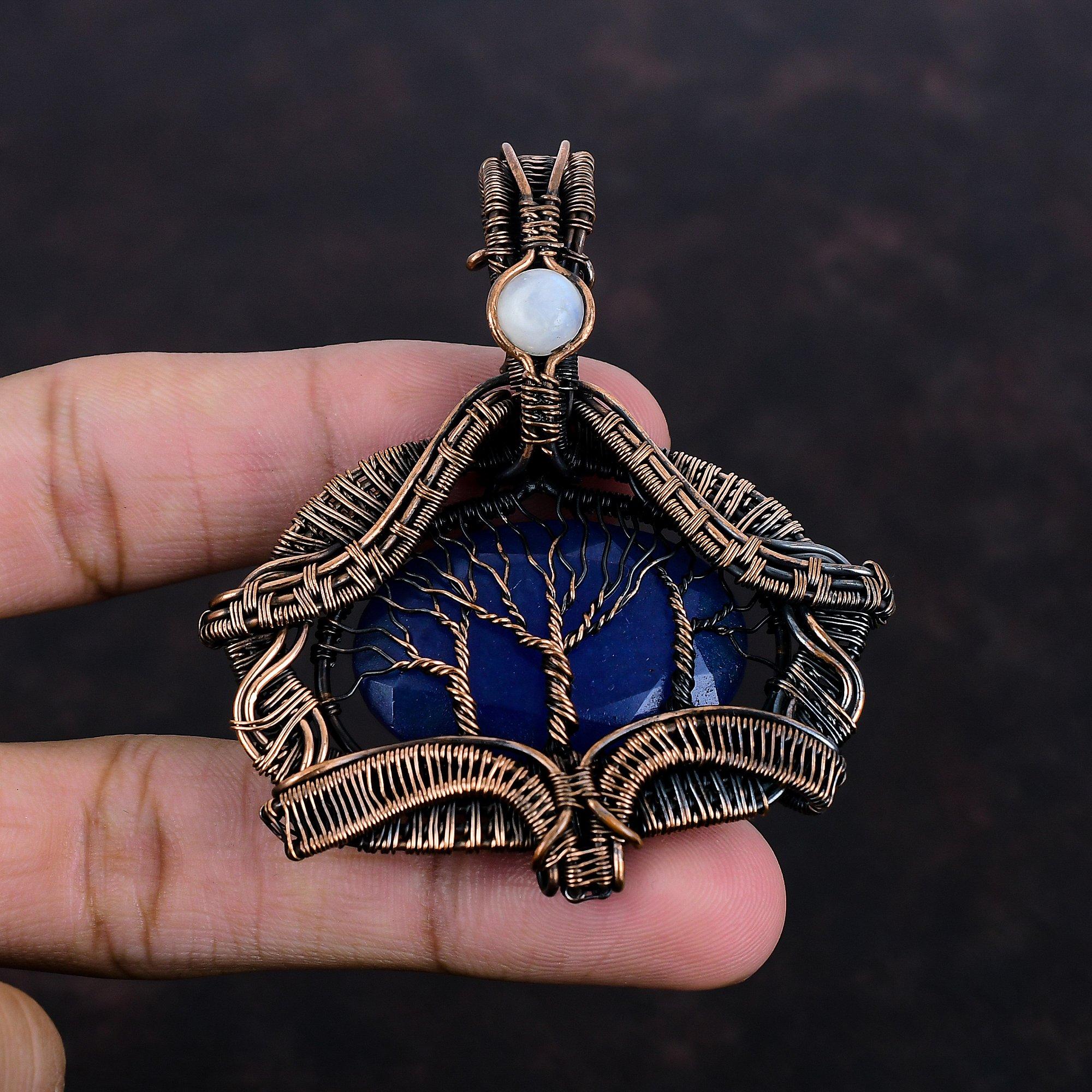 Tree Of Life Faceted Blue Sapphire Pendant Copper Wire Wrapped Pendant Moonstone Pendant Tree Of Life Jewelry Handmade Real Gemstone Pendant