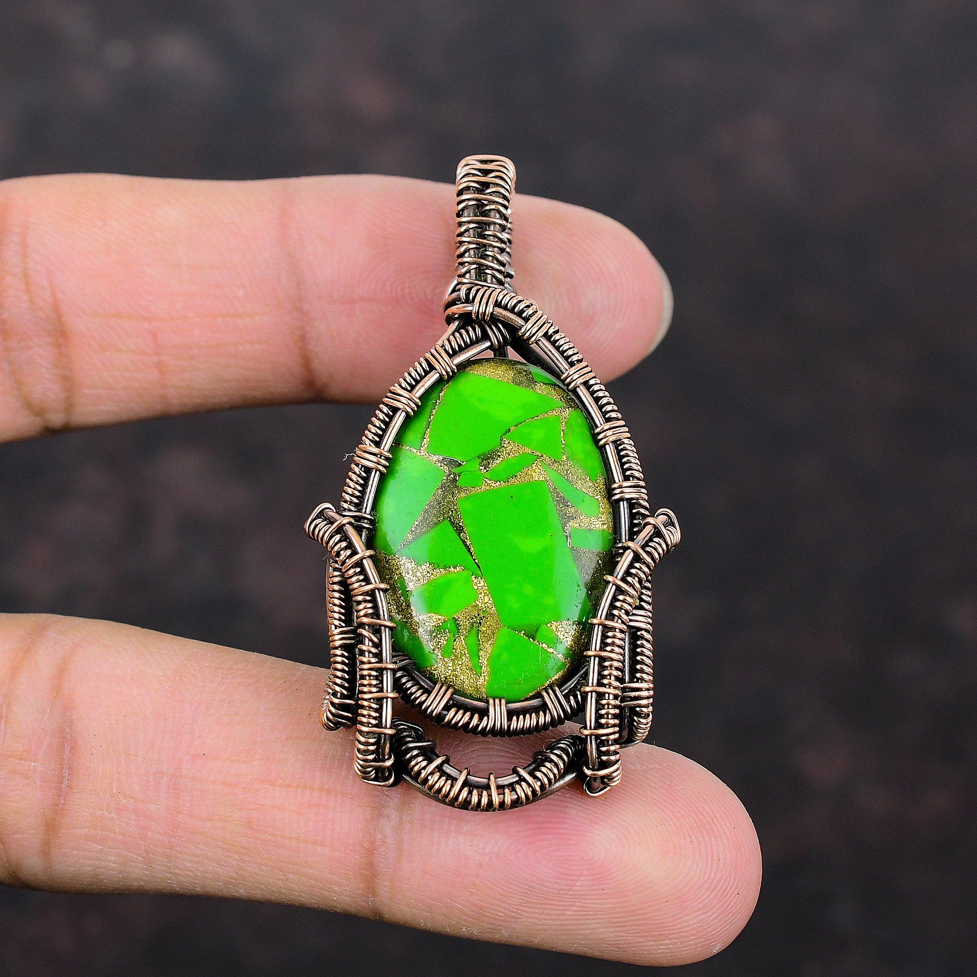 Colgante de Piedra Preciosa Turquesa Verde Cobre Joyería Envuelta en Alambre de Cobre Colgante Decente Joyería Hecha a Mano Colgante Envuelto en Alambre de Cobre Regalo Para Ella