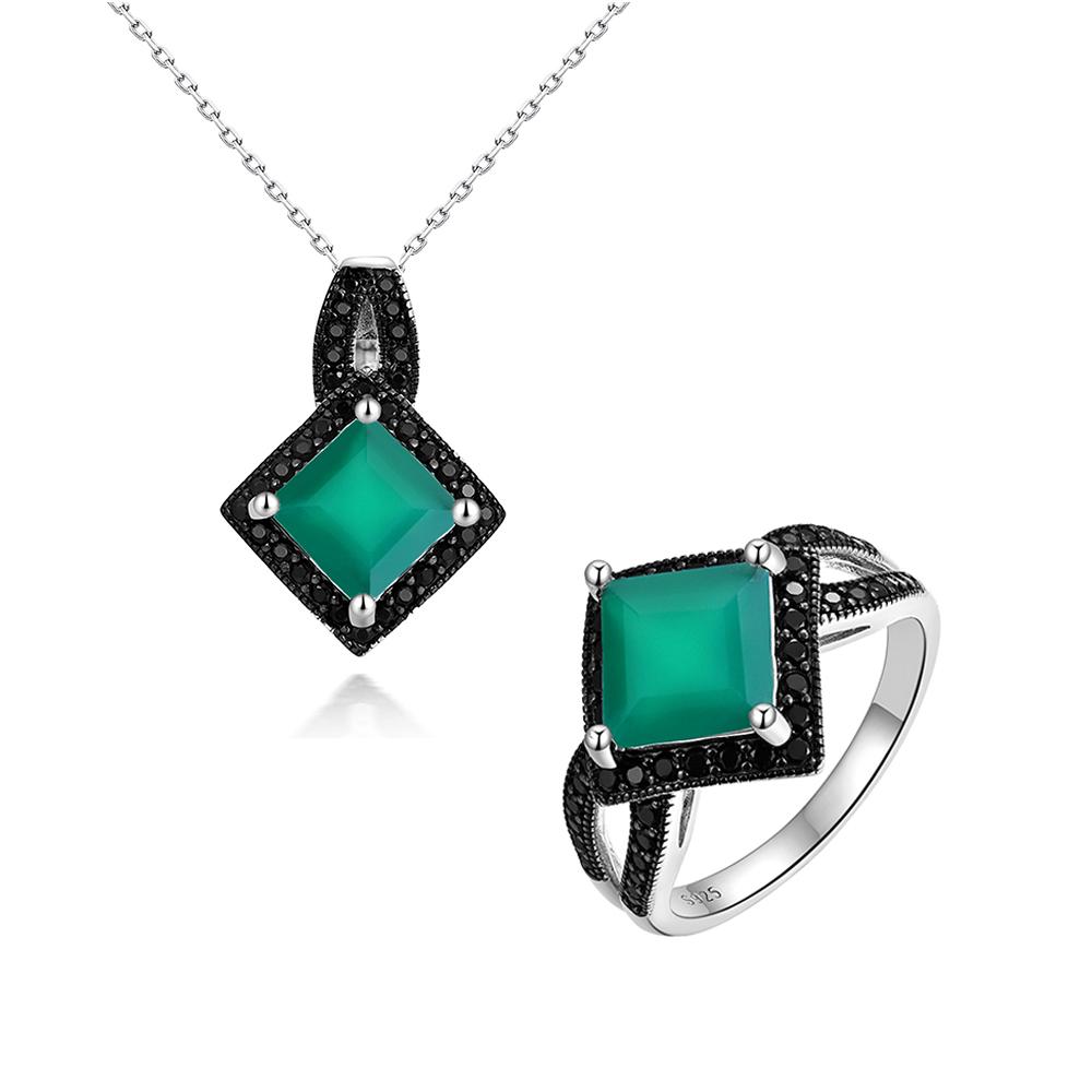 S925 Silver Natural Green Agate Real Gemstone Ring Pendant Necklace Elegant and Noble Fine Jewelry Set for Women Birthday Gift
