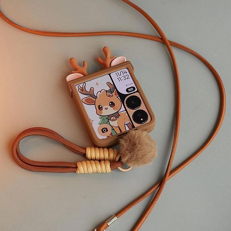 Flip Cute Case For Samsung Galaxy Z Flip 6 5/Xiaomi Mix Flip/Oppo Find N3 N2 Flip/Motorola Razr50 Case 3d Lantler Elk Funda Brown Cover