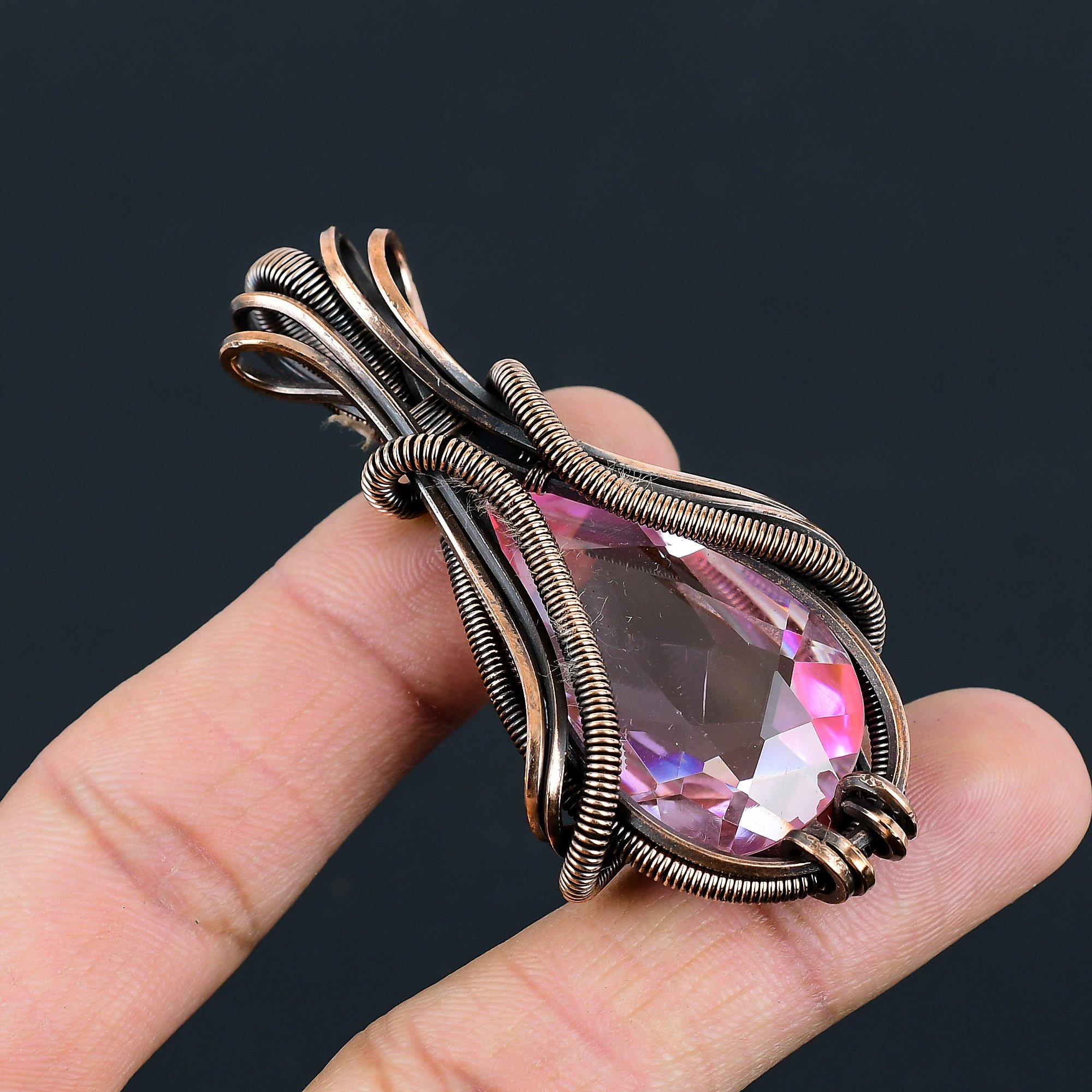Pink Kunzite Gemstone Handmade Copper Wire Wrap Jewelry Pendant For Women