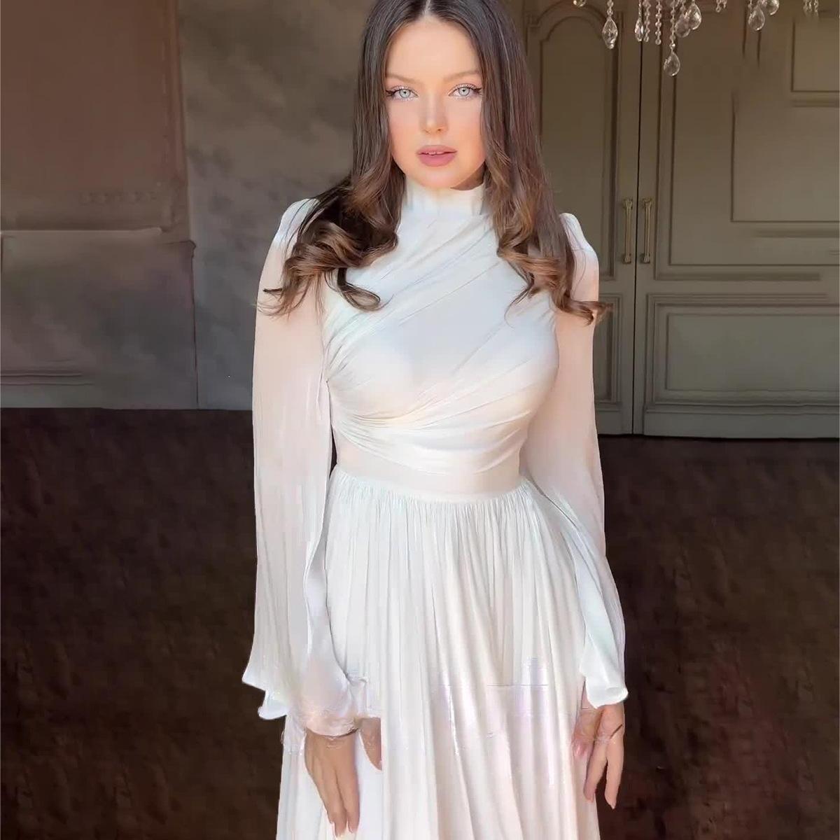 Frühlings- und Herbst-Damenkleid, halbhoher Ausschnitt, langärmelig, Teepause, französische Taille, lange Kleider