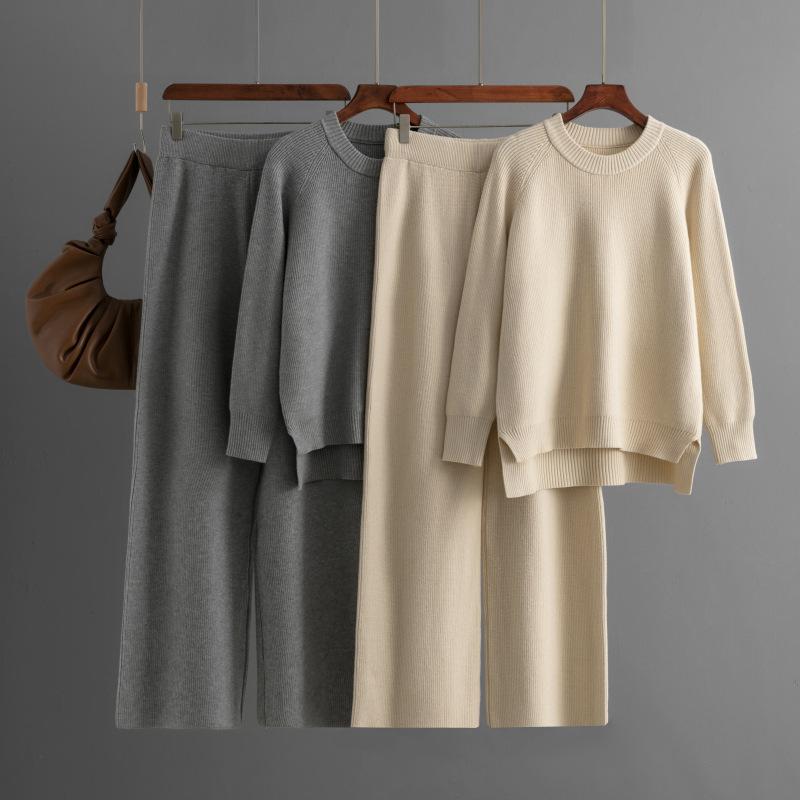 Autumn Winter O-Neck Solid Color Full Sleeve Thick Sweater Sets For Ladies Casual All Match Pullover Wide Leg Pants Two-piece Set Suits