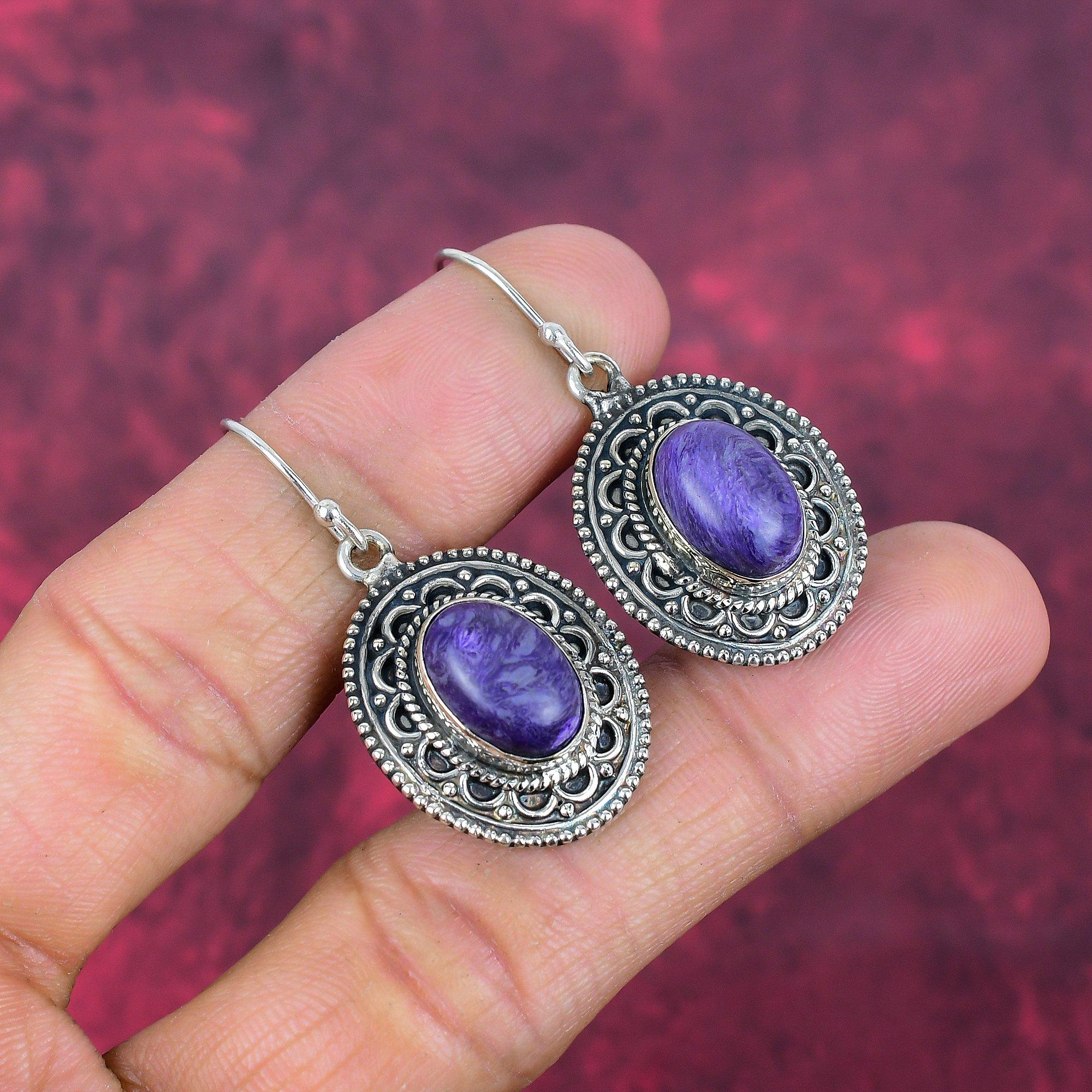 Charoite 925 Solid Sterling Silver Earrings, Handmade Gemstone Earrings Jewelry, Gifts For Wife Brand New Earrings
