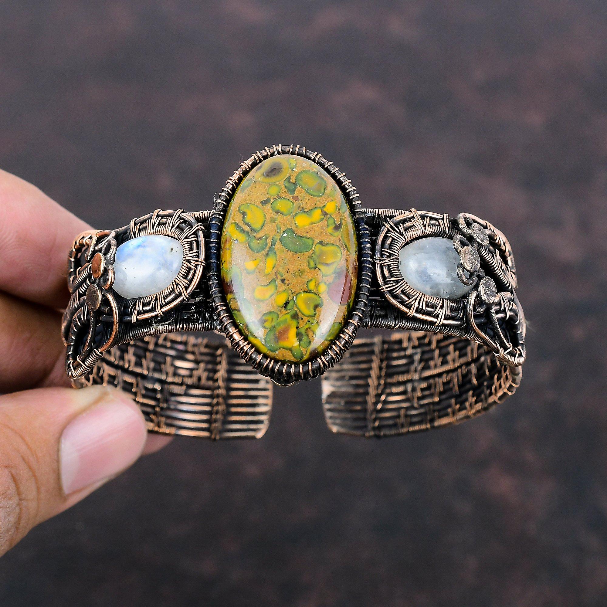 Fruit Jasper Cuff Bracelet Copper Wire Wrapped Bangle Adjustable Bangle Handmade Gemstone Bracelet Copper Jewelry For Gift Moonstone Bangles