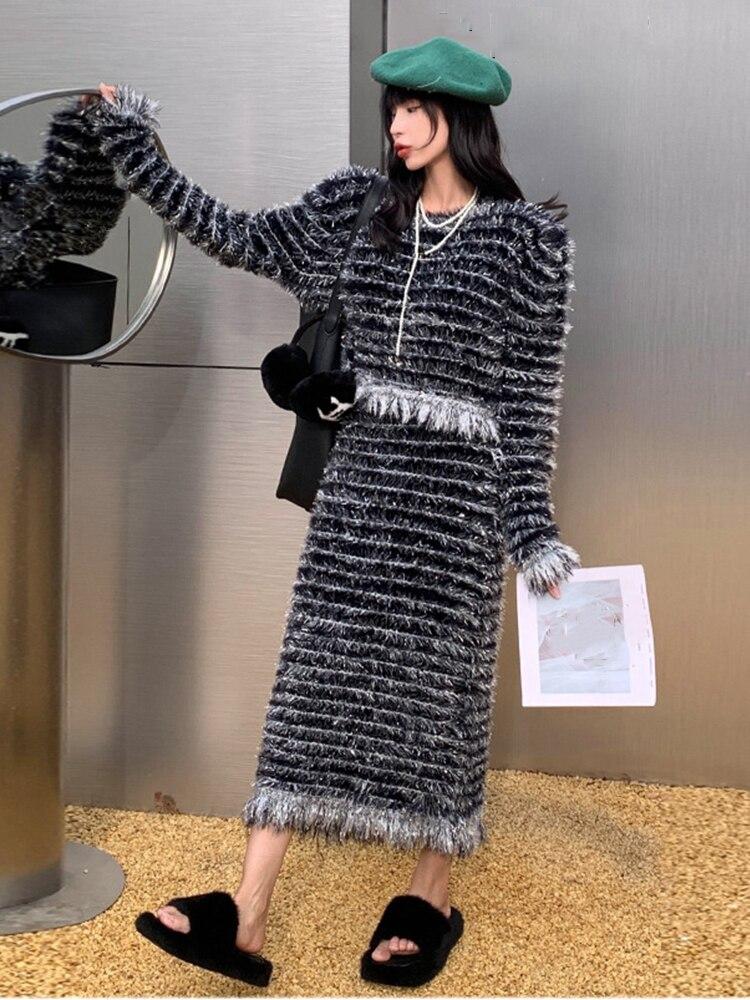 Xitao Knitted Two Piece Set Tassel Striped Full Sleeve Top Skirt Women FBB1498