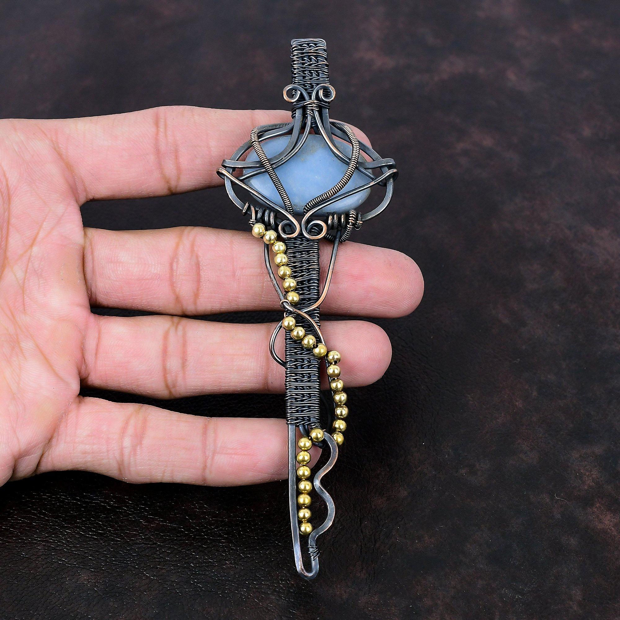 Angelite Pendant Copper Wire Wrapped Pendant Key Pendant Angelite Gemstone Jewelry Handmade Boho Pendant Amazing Copper Jewelry Gift For Him