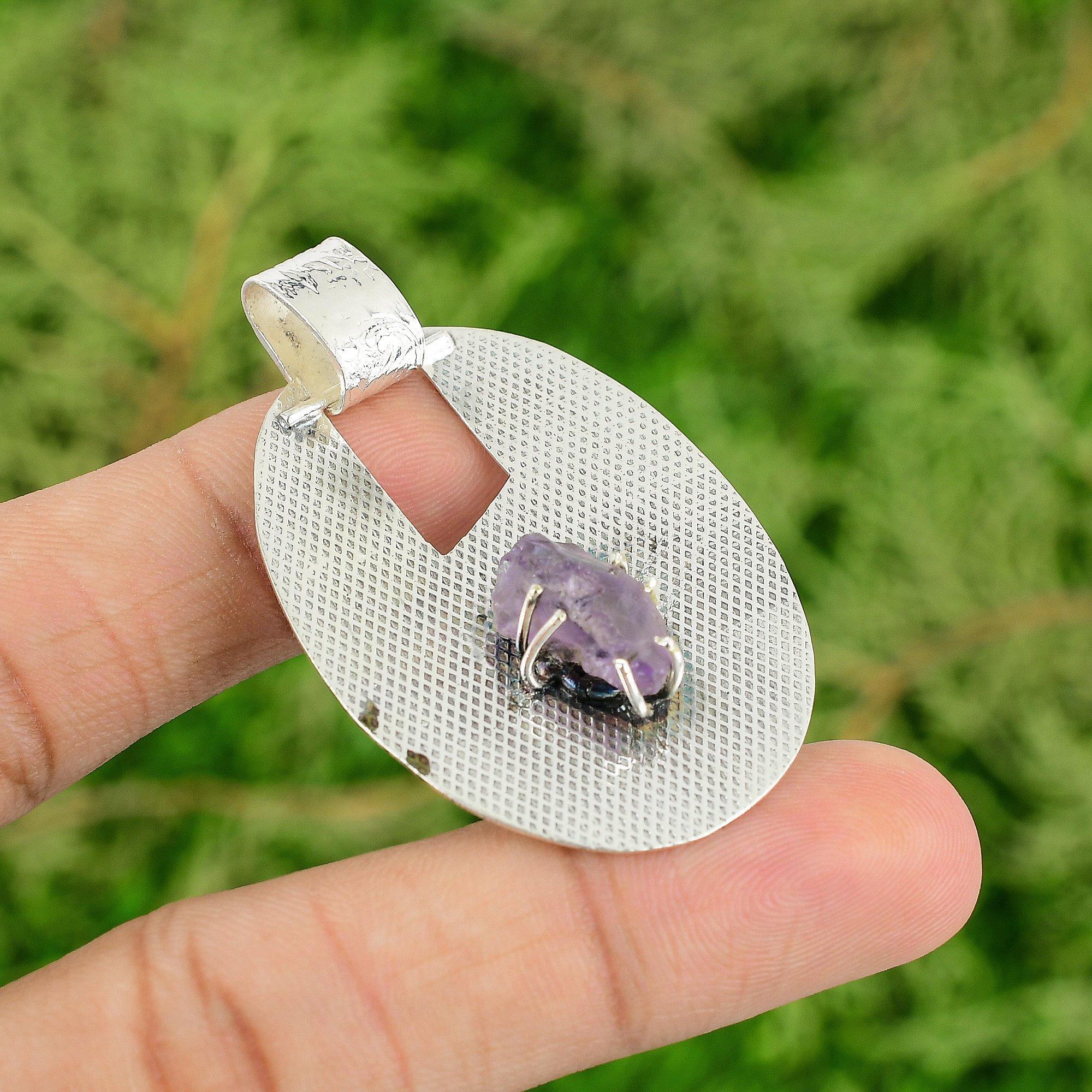 Octagon African Amethyst Rough Gemstone Sterling Silver February Pendant Jewelry