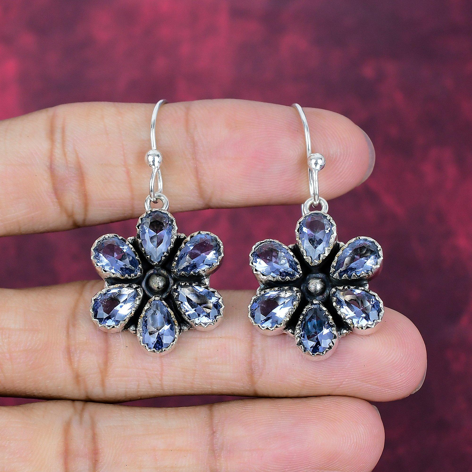 Iolite Handmade Gemstone Earrings, 925 Solid Sterling Silver Earrings Antique Jewelry, For Engagement Gift