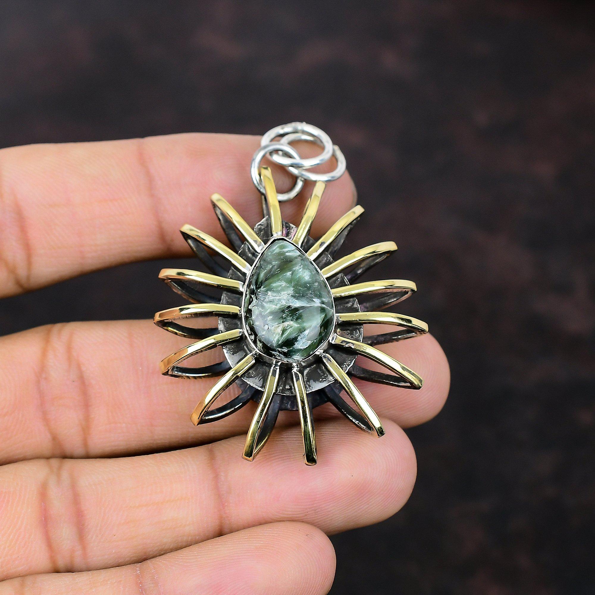 Seraphinite Pendant 925 Sterling Silver Pendant Gemstone Jewelry 18K Gold Plated Pendant Handmade Cage Jewelry Gift For Girl Amazing Pendant