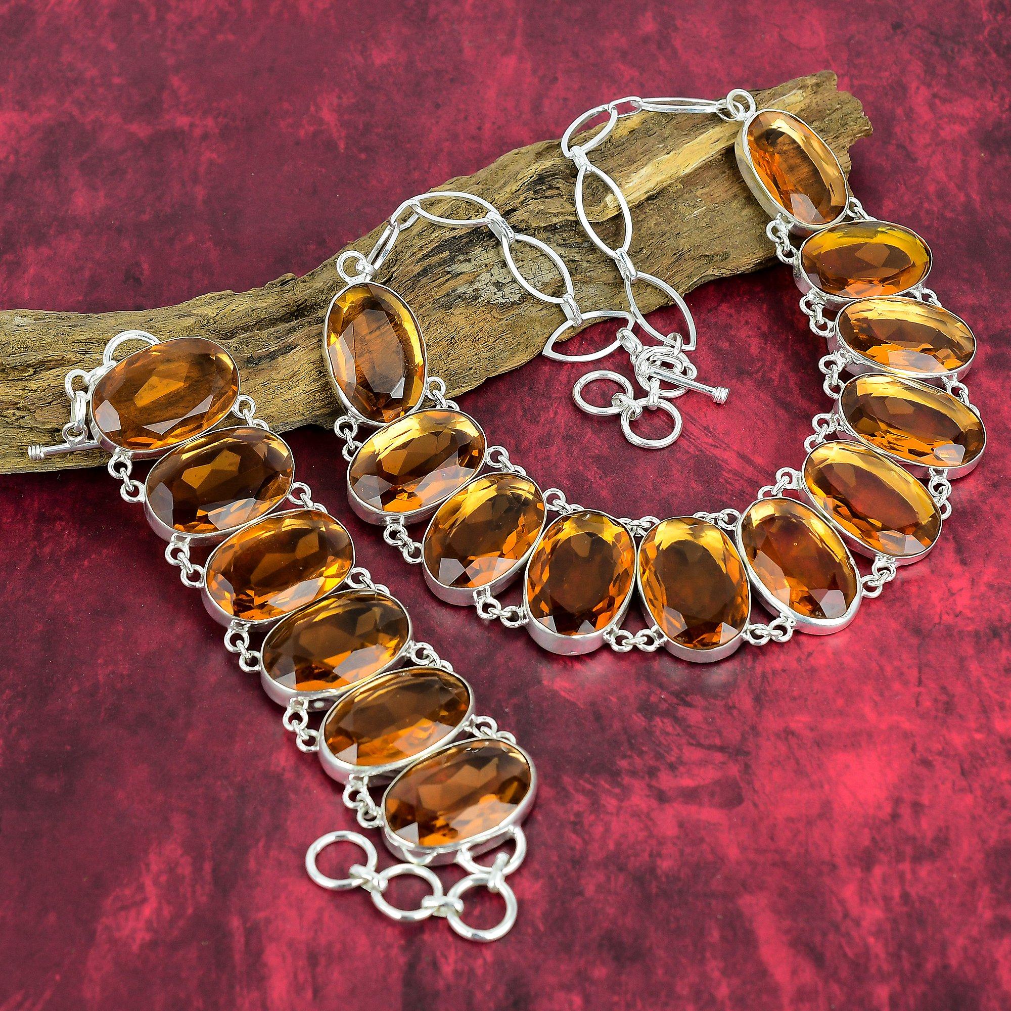 Faceted Citrine, Gemstone Jewelry, 925 Solid Sterling Silver Necklace & Bracelet Jewelry Set, Handmade Amazing  Design Jewelry Set For Gift