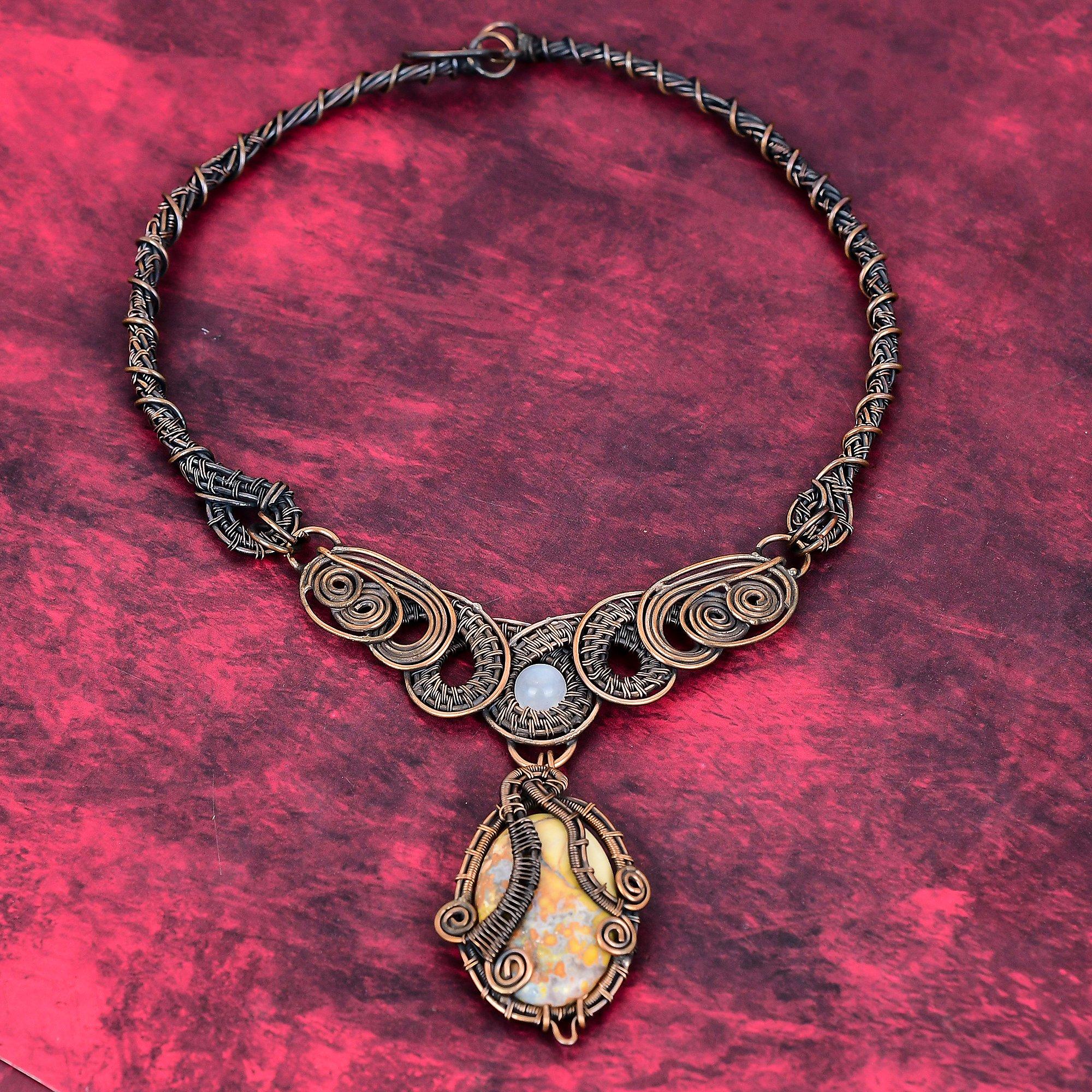 Maligano jasper necklace copper wire wrapped rainbow moonstone necklace copper jewelry gemstone necklace gifts for mom handmade wire jewelry