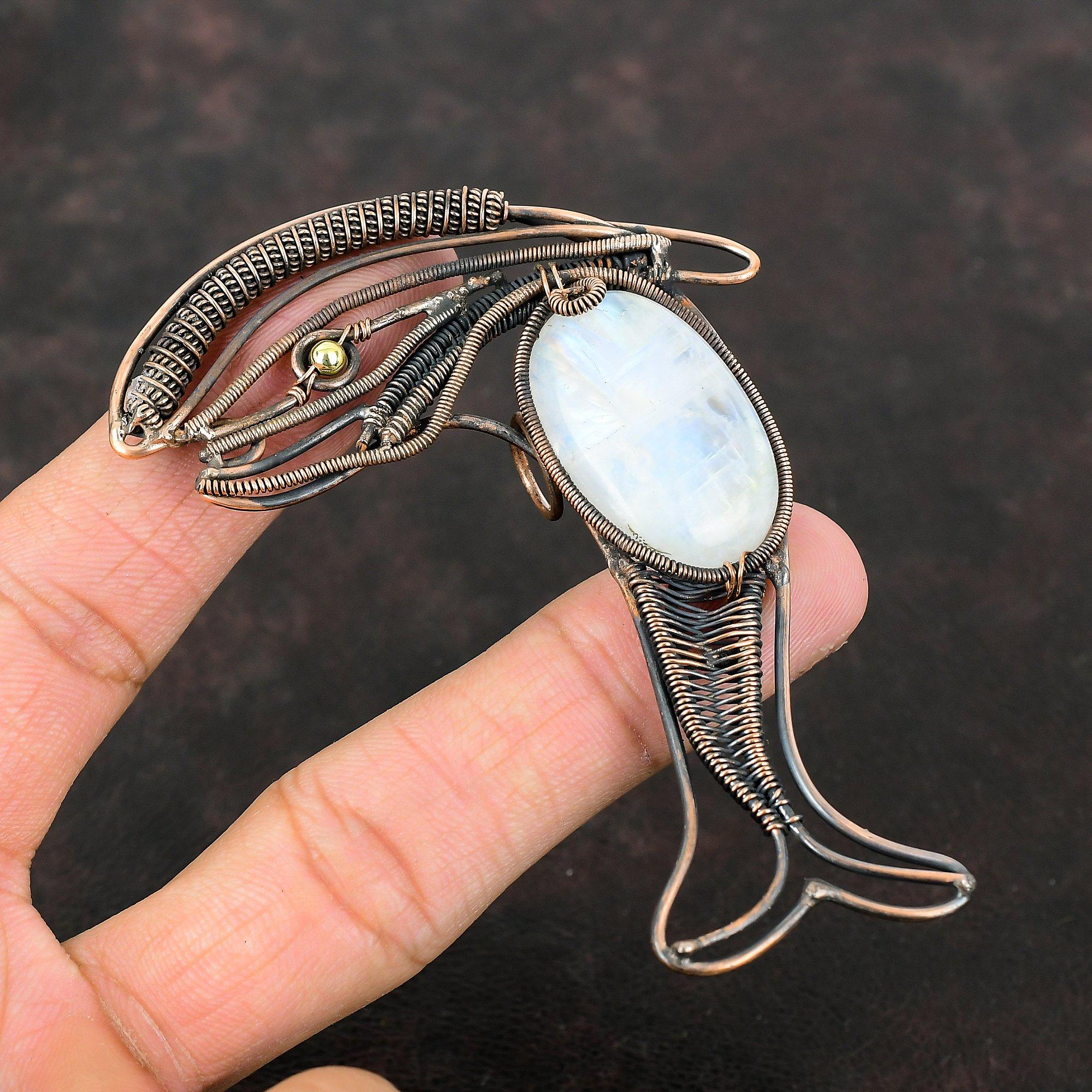 Rainbow Moonstone Pendant Copper Wire Wrapped Gemstone Pendant Fish Jewelry Handmade Pendant Unique Pendant Gift For Her Copper Wire Jewelry