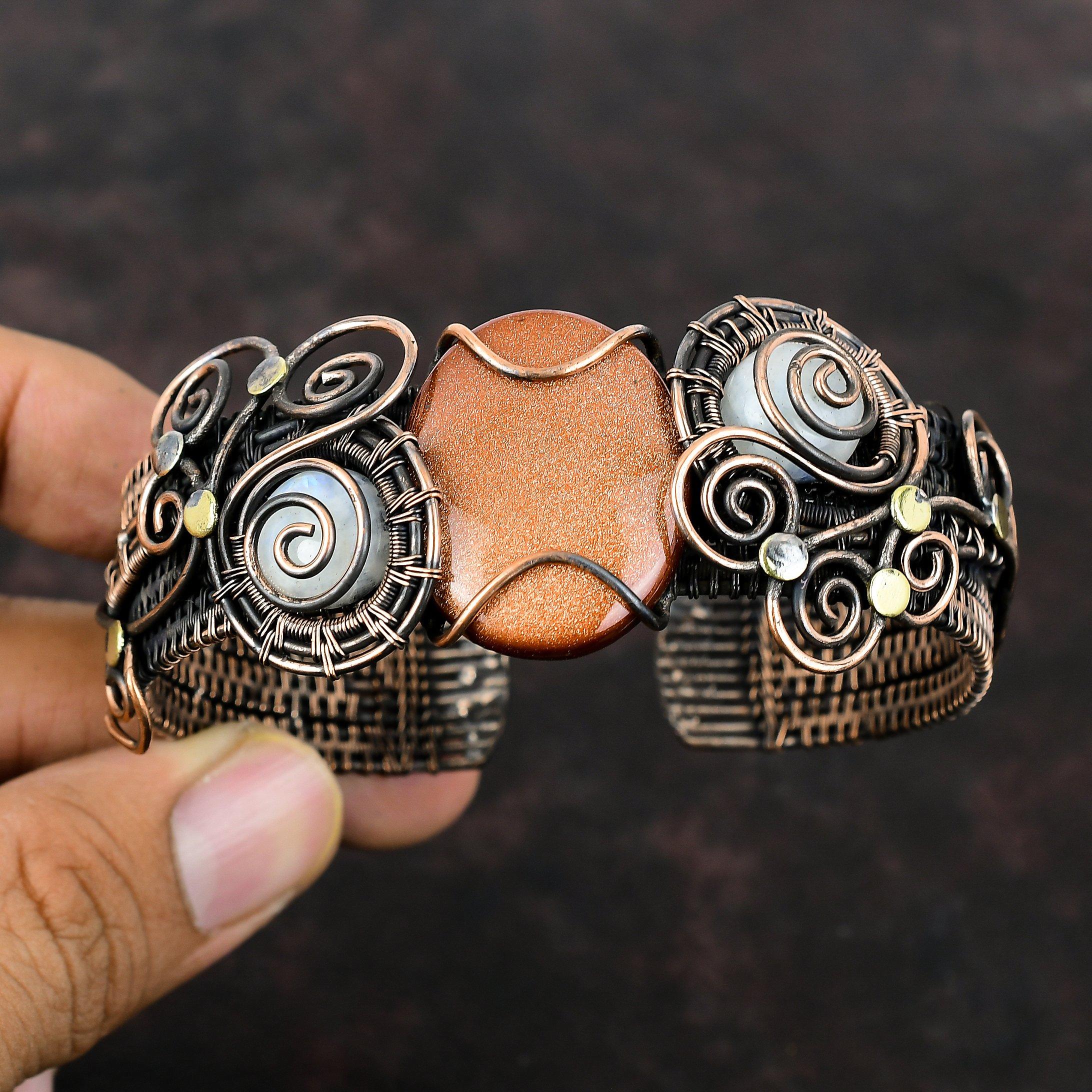 Bransoletka Sun Sitara z mankietem, tęczowy kamień księżycowy, bransoletka z kamieni szlachetnych, miedziany drut, regulowana bransoletka z mankietem, prezent dla niej, ręcznie robiona biżuteria z miedzi