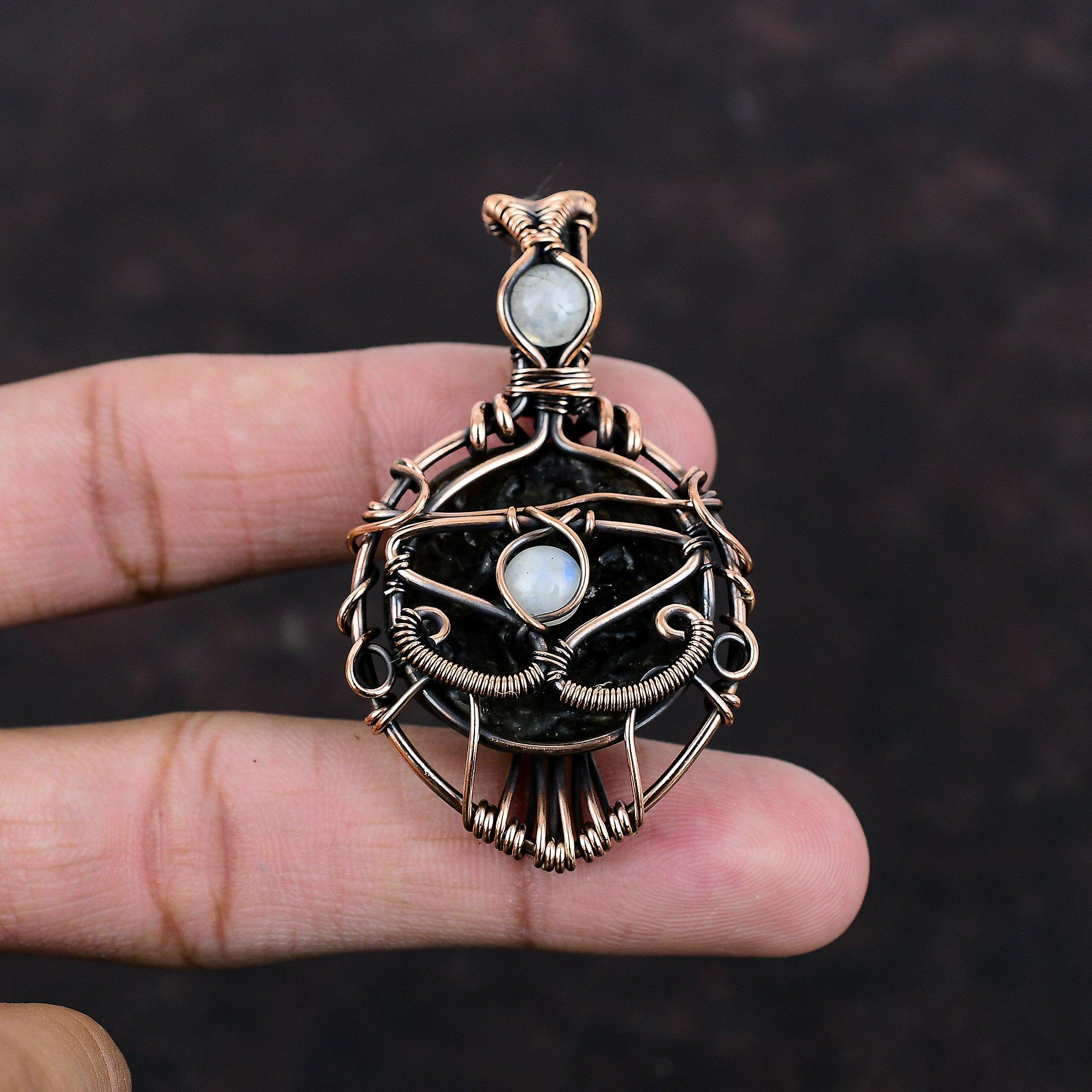 Evil Eye Moldavite Pendant Copper Wire Wrapped Pendant Rainbow Moonstone Pendant Gemstone Pendant Wedding Gift Handmade Copper Wire Jewelry