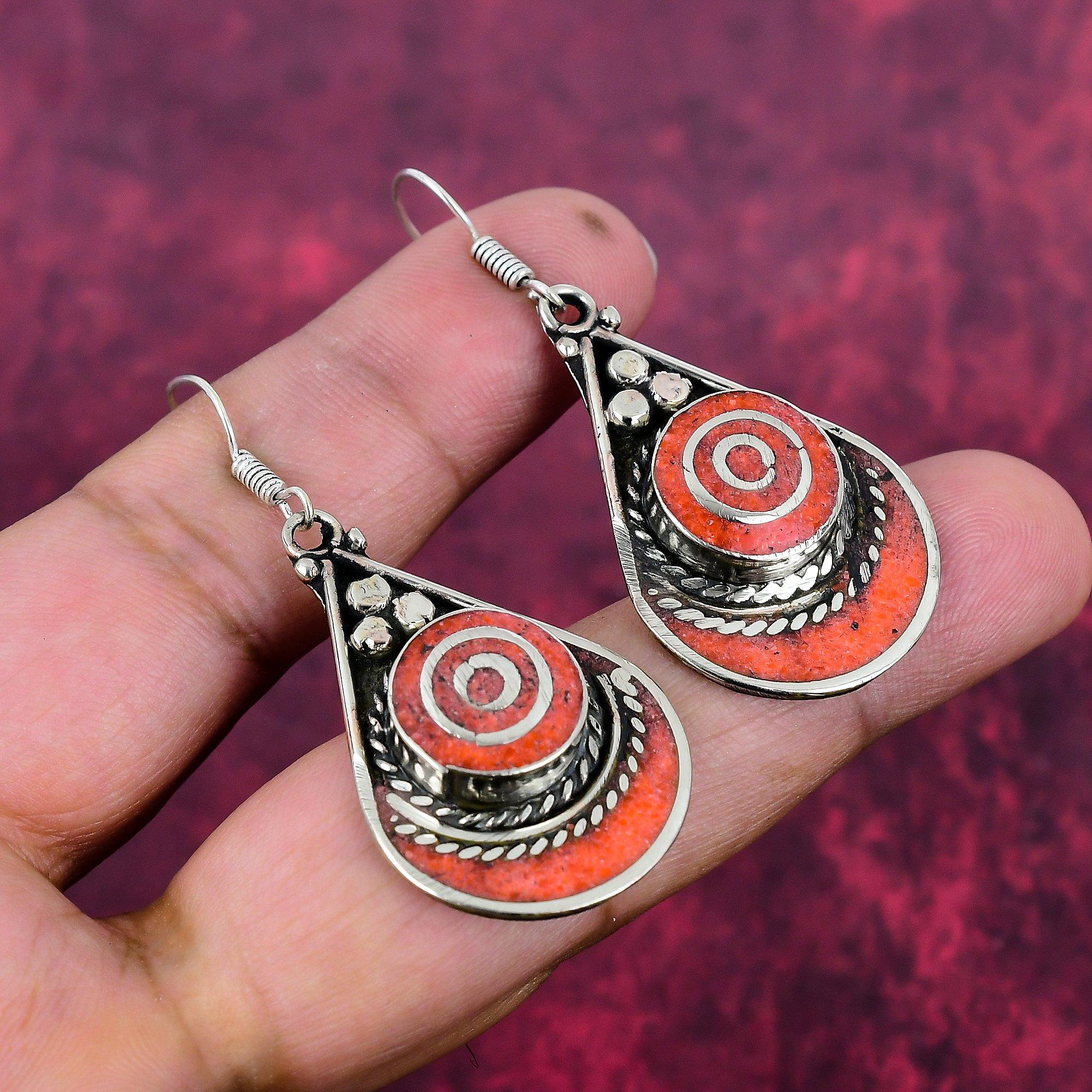 Coral 925 Solid Sterling Silver Nepali Earrings, Handmade Gemstone Earrings Jewelry, Gifts For Wife Brand New Earrings