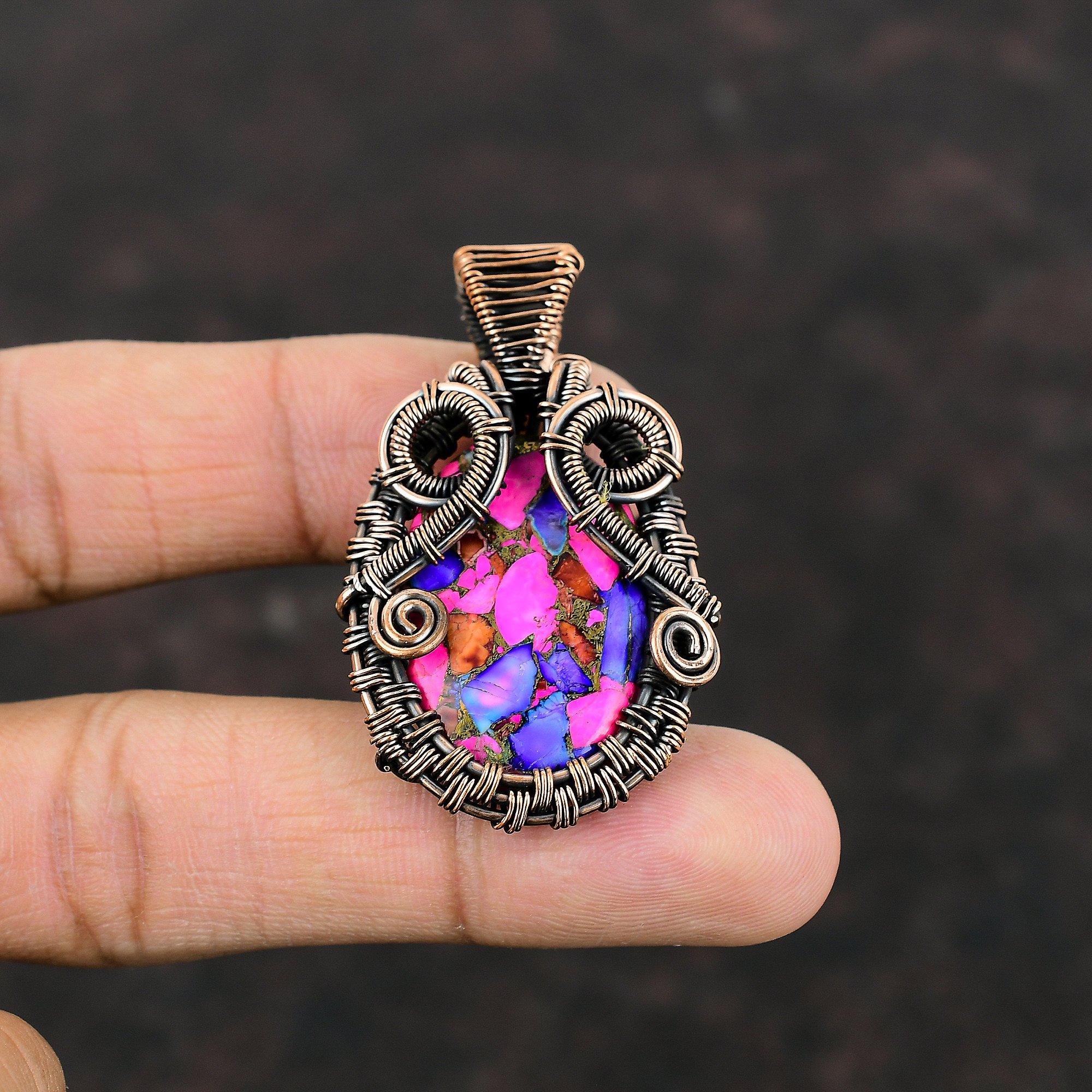 Natürlicher Kingman Pink Dahlie Türkis Anhänger Kupferdraht gewickelt Anhänger handgemachter Anhänger Kupferschmuck Hochzeitsgeschenk echter Edelstein Schmuck