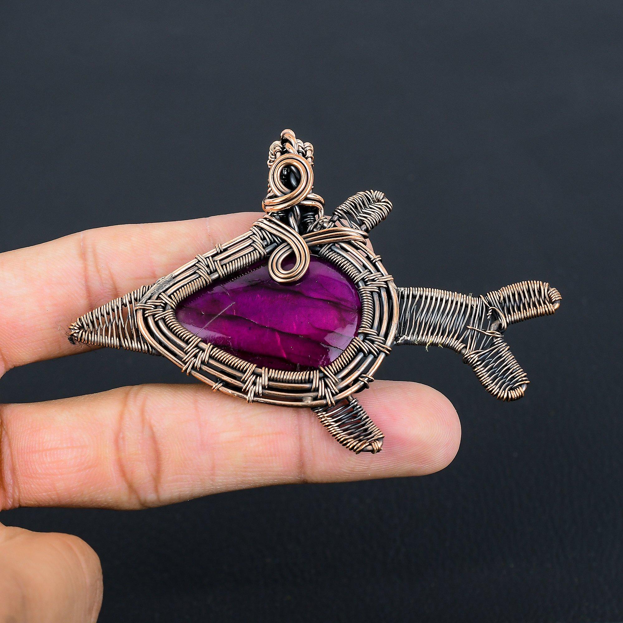 Amazing Pink Flash Labradorite Gemstone Handmade Pure Copper Wire Wrapped Fish Pendant Jewelry