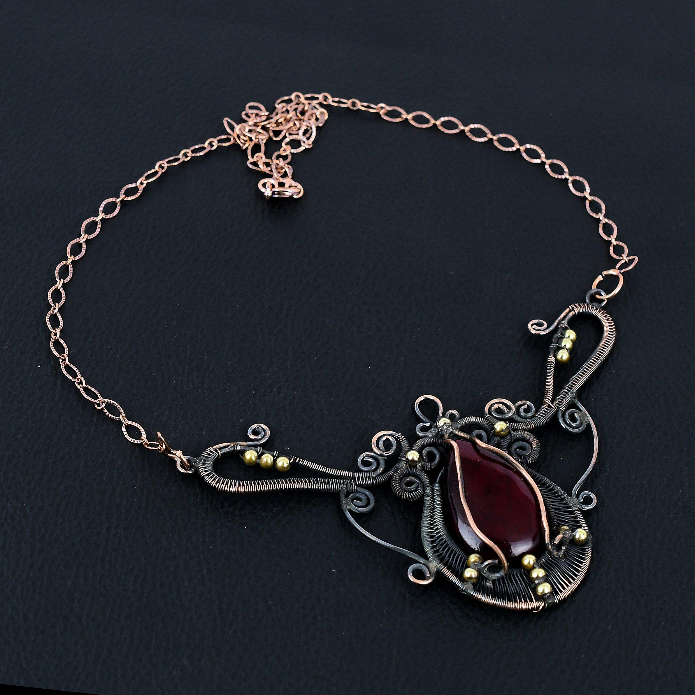 Pretty Red Flash Labradorite Gemstone Handmade Pure Copper Wire Wrap Jewelry Necklace
