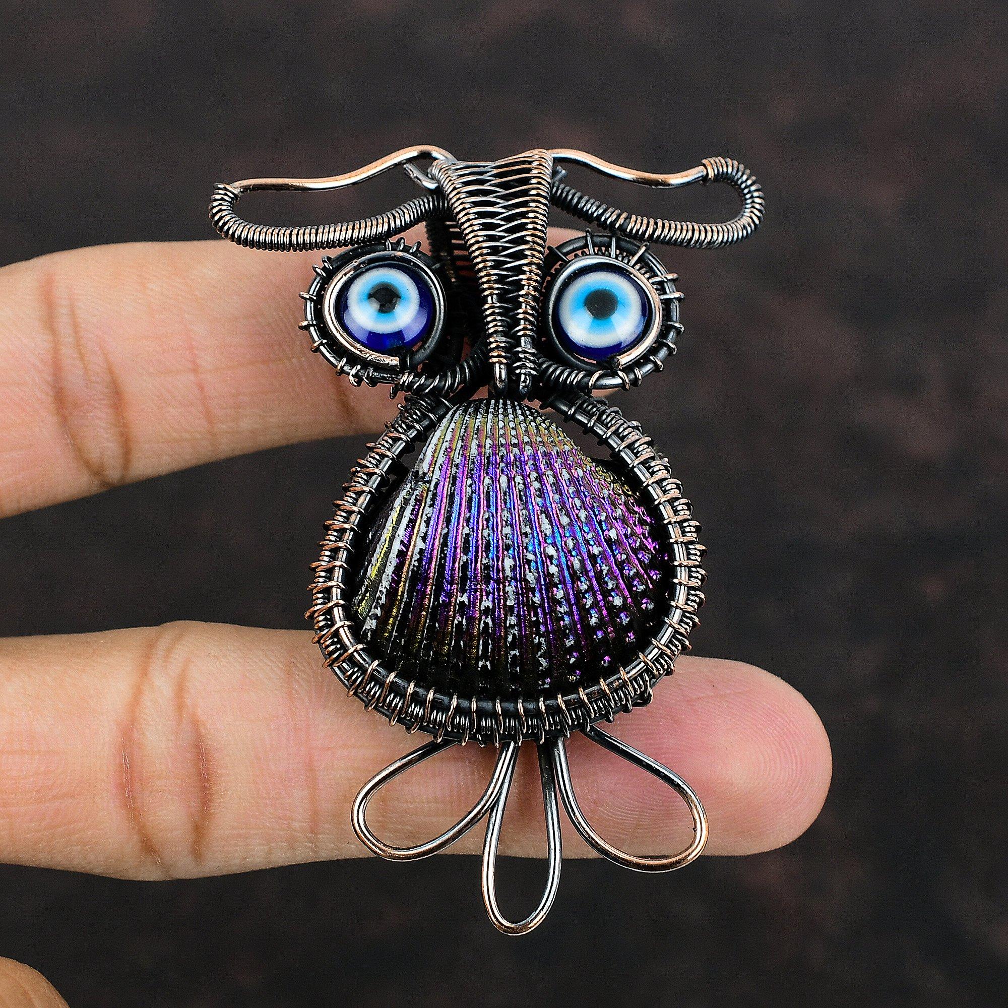 Titanium Coated Shell Pendant Blue Color Evil Eye Pendant Copper Wire Wrapped Jewelry Gemstone Copper Pendant Owl Pendants Handmade Jewelry
